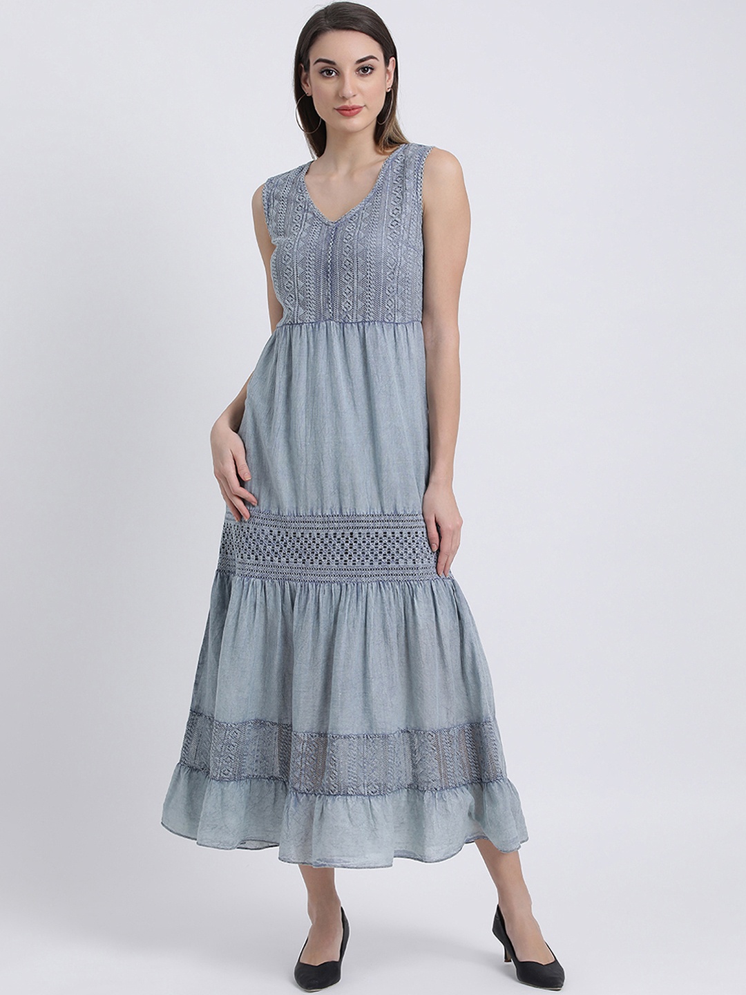 

Zink London Women Blue Self Design Fit and Flare Dress