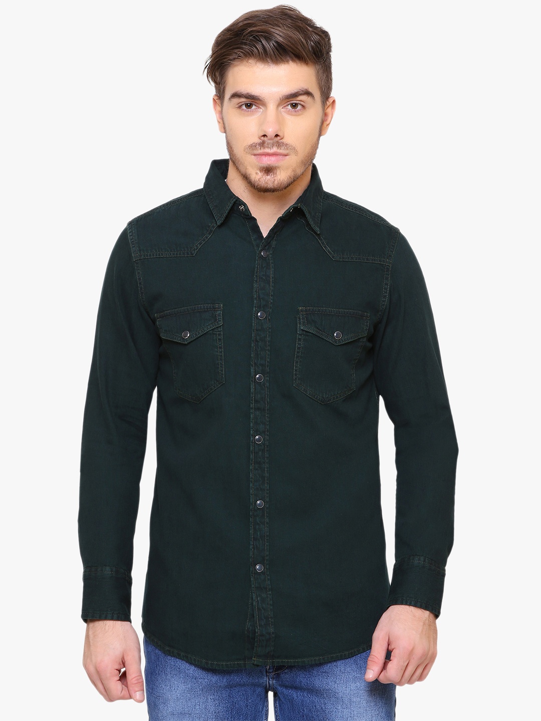 

Southbay Men Green Smart Slim Fit Solid Denim Shirt