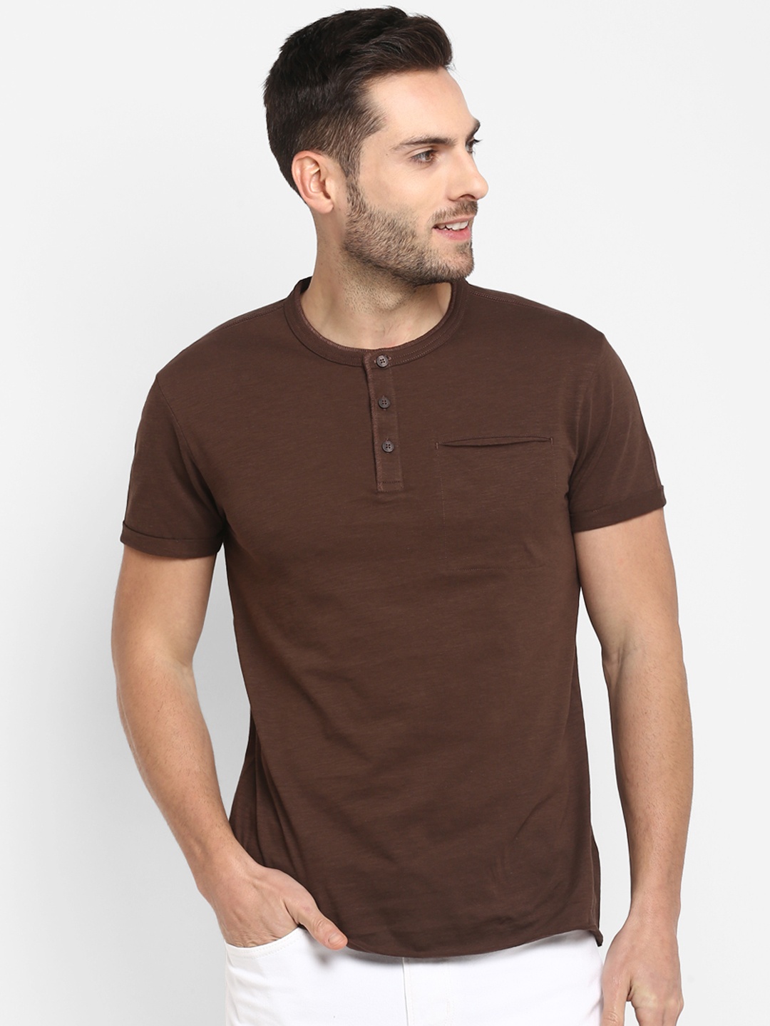 

Red Tape Men Brown Solid Henley Neck T-shirt