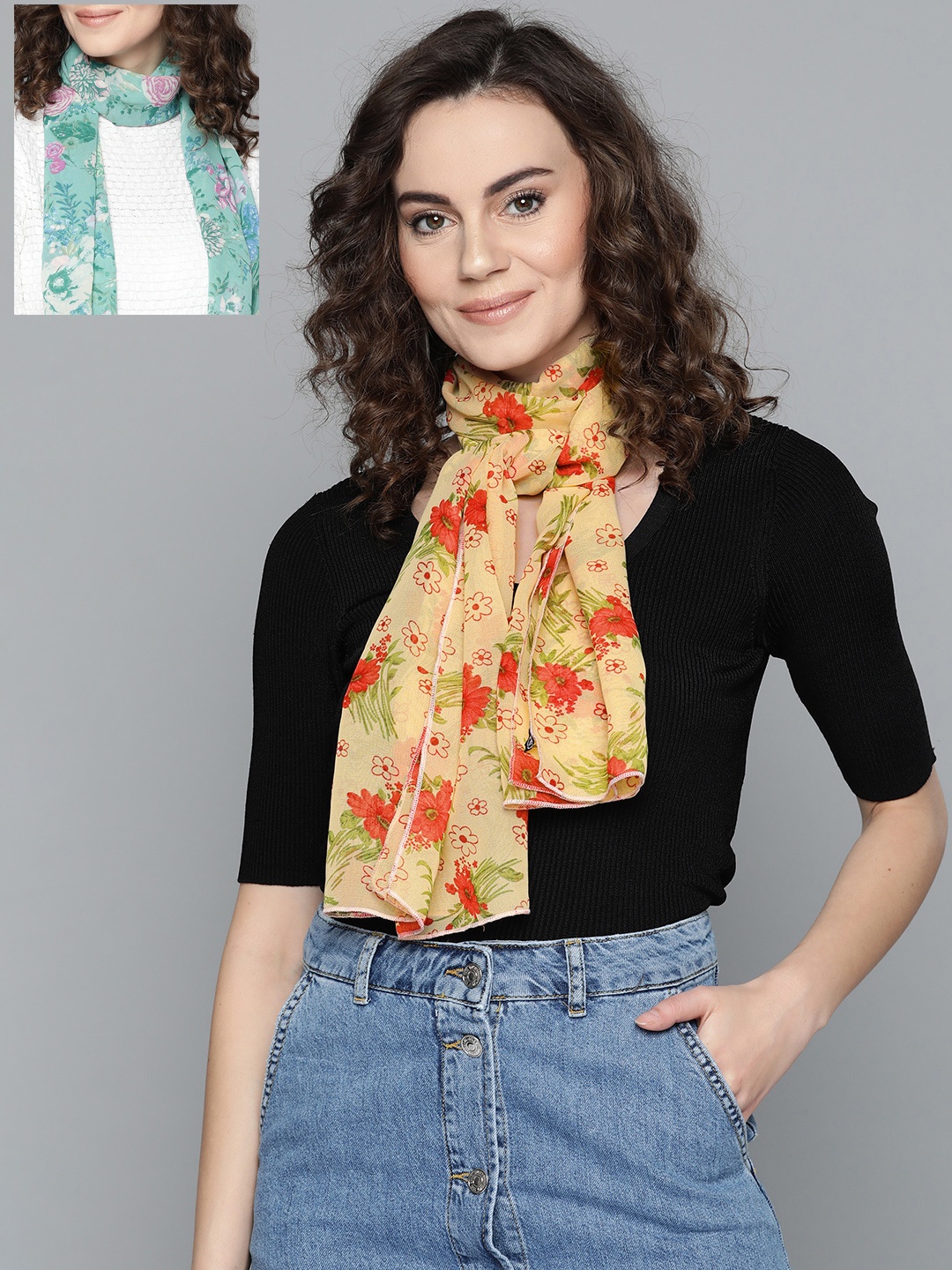 

Trend Arrest Women Pack of 2 Cream-Coloured & Green Printed Scarf