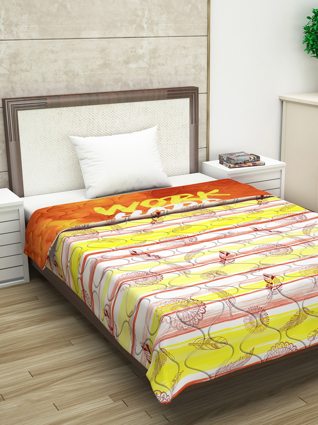 

Divine Casa Orange & White Abstract AC Room 120 GSM Single Bed Reversible Comforter