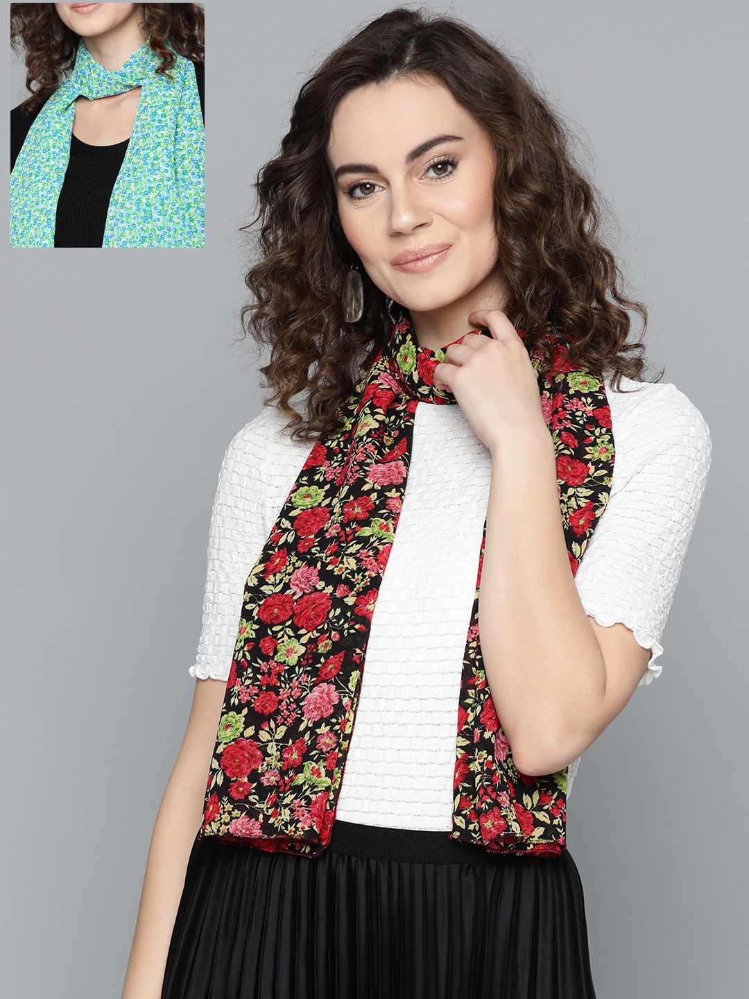 

Trend Arrest Women Pack Of 2 Red & Turquoise Blue Printed Scarves