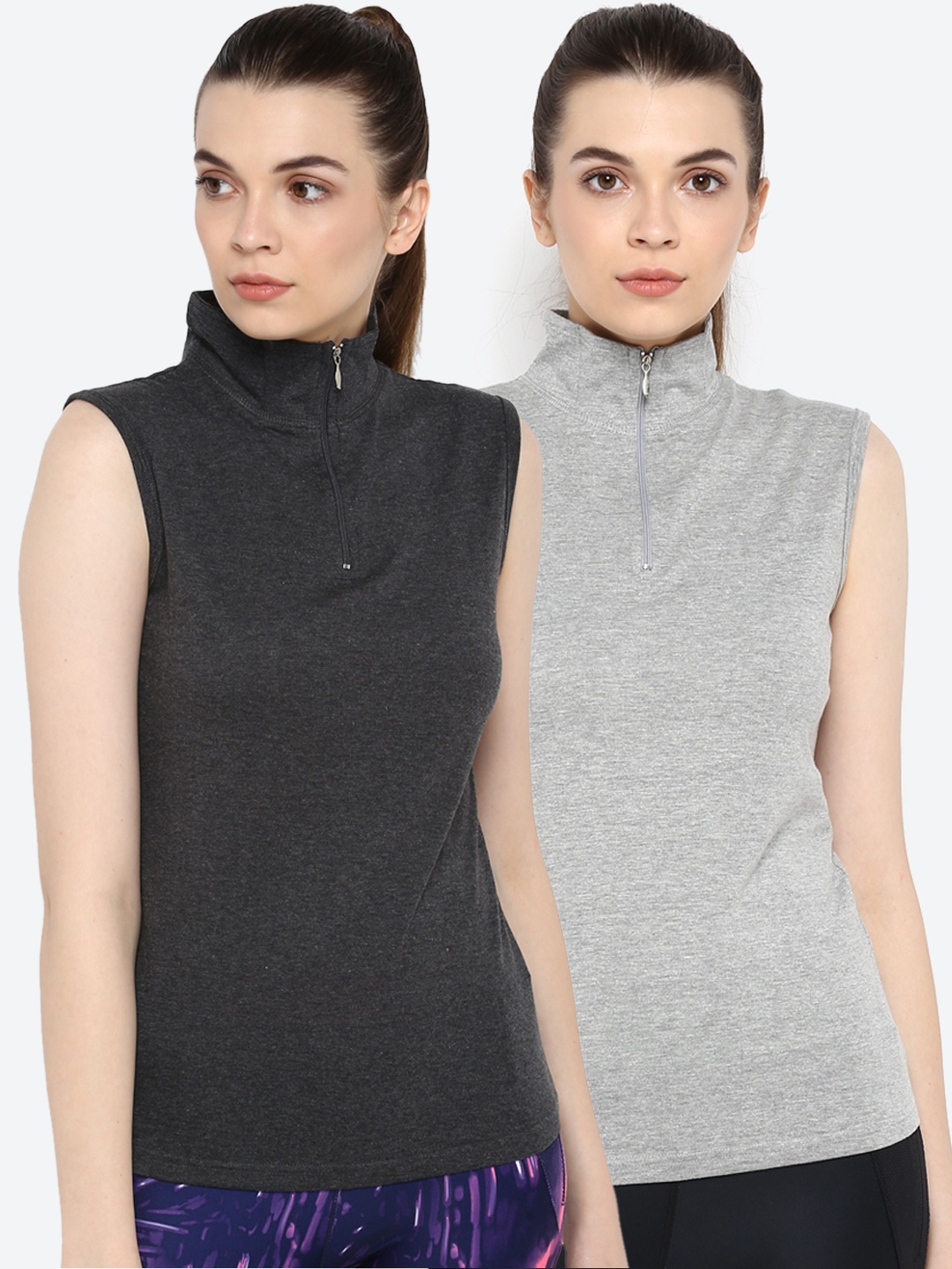 

appulse Women Pack of 2 Solid Mock Neck Slim Fit T-shirts, Grey