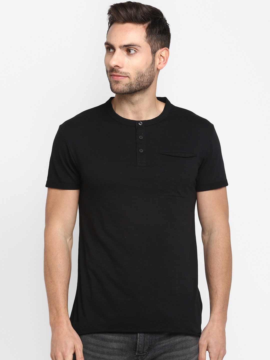 Red Tape Men Black Solid Henley Neck T-shirt