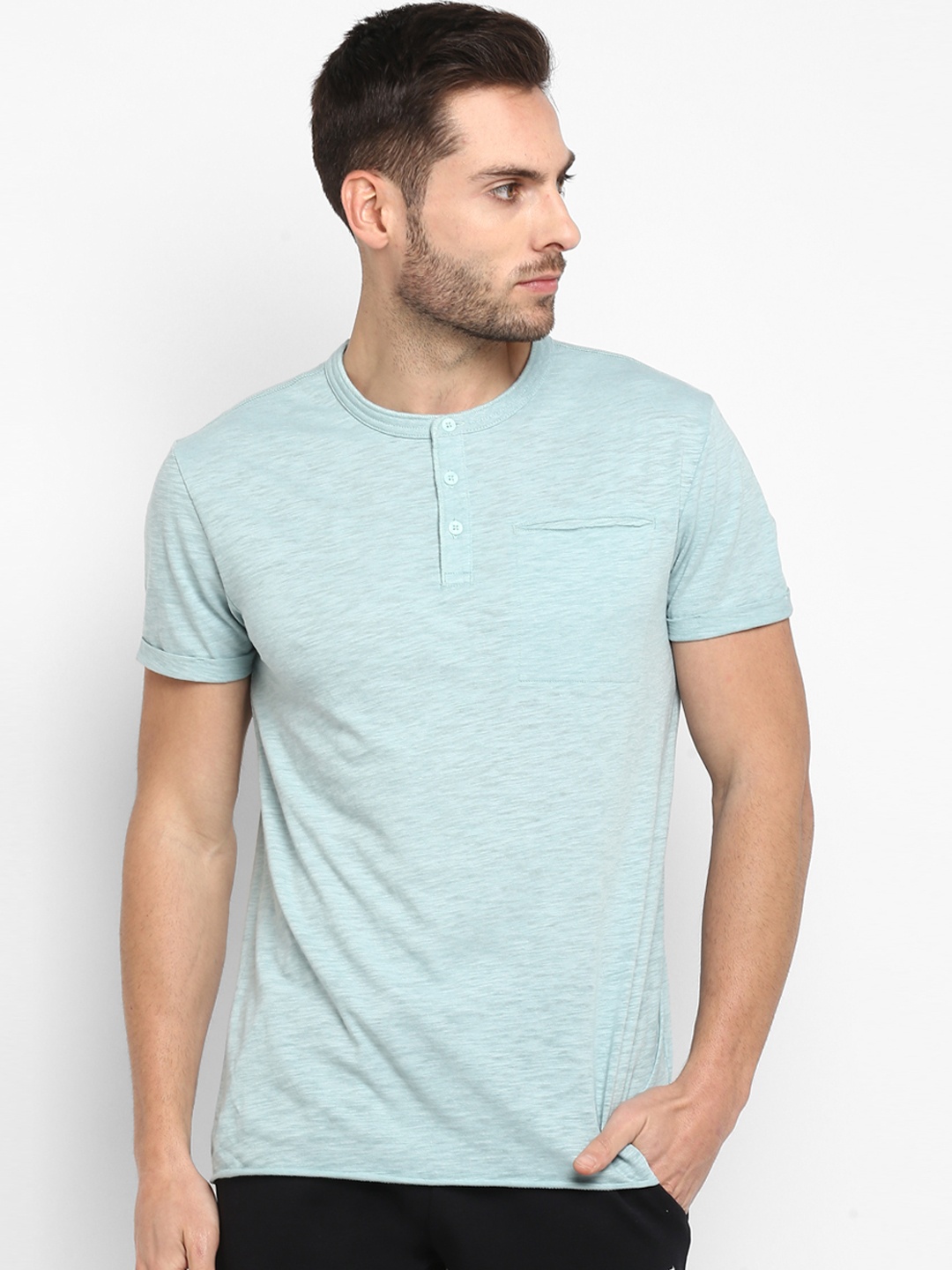 

Red Tape Men Sea Green Solid Henley Neck T-shirt