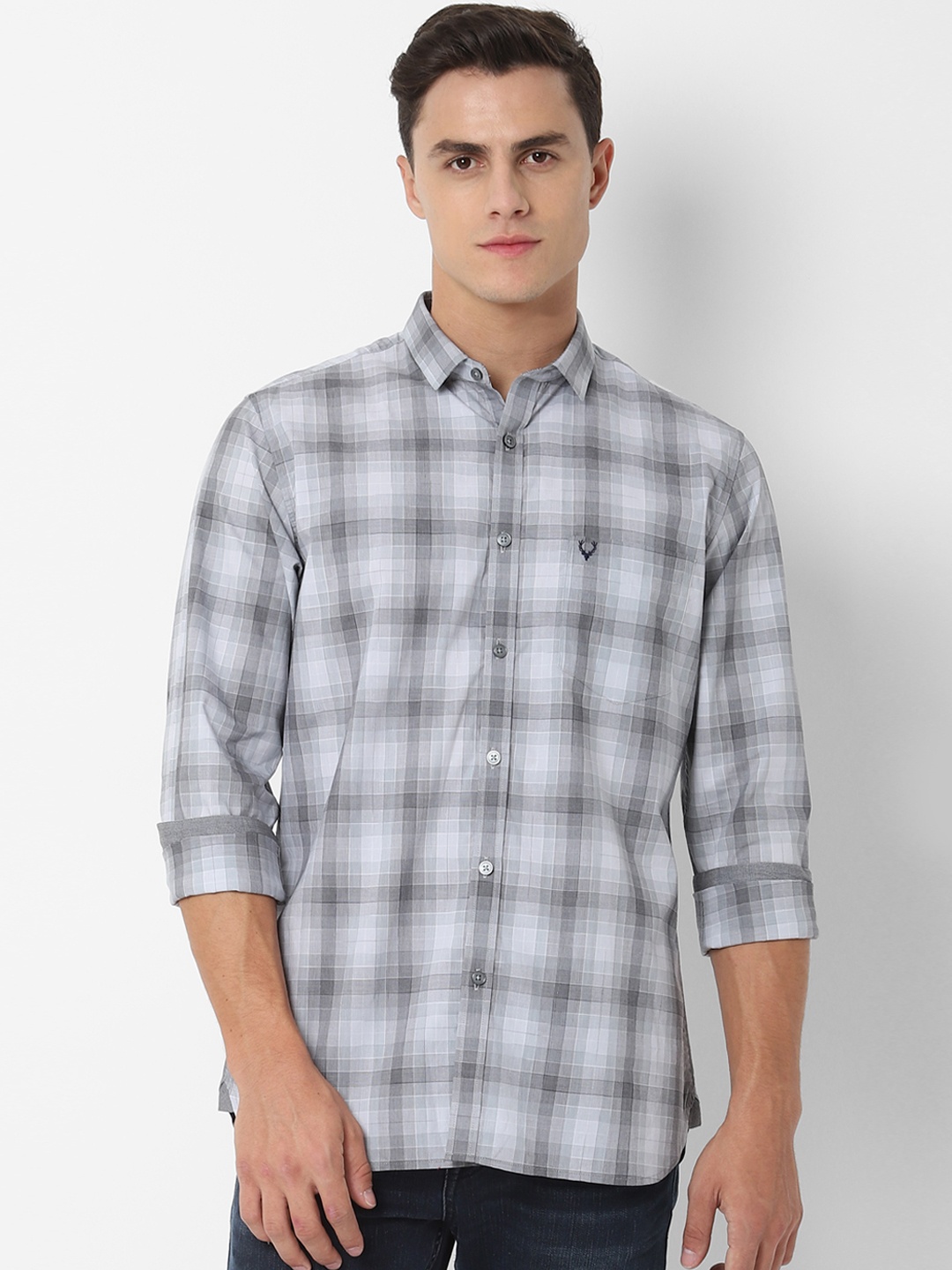 

Allen Solly Men Grey & Off-White Slim Fit Checked Casual Shirt