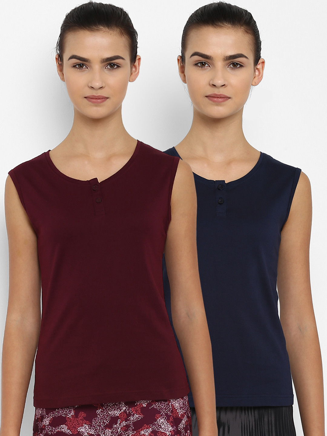 

appulse Women Pack of 2 Solid Henley Neck Slim Fit T-shirts, Maroon