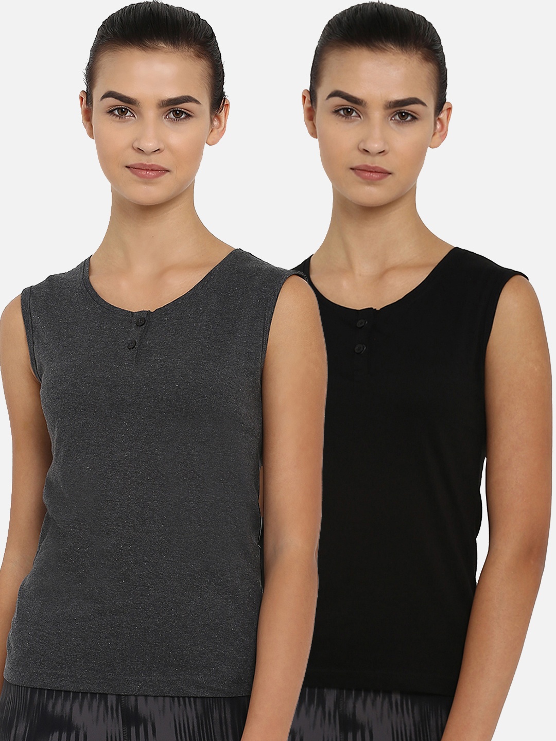 

appulse Women Pack Of 2 Solid Henley Neck T-shirt, Charcoal