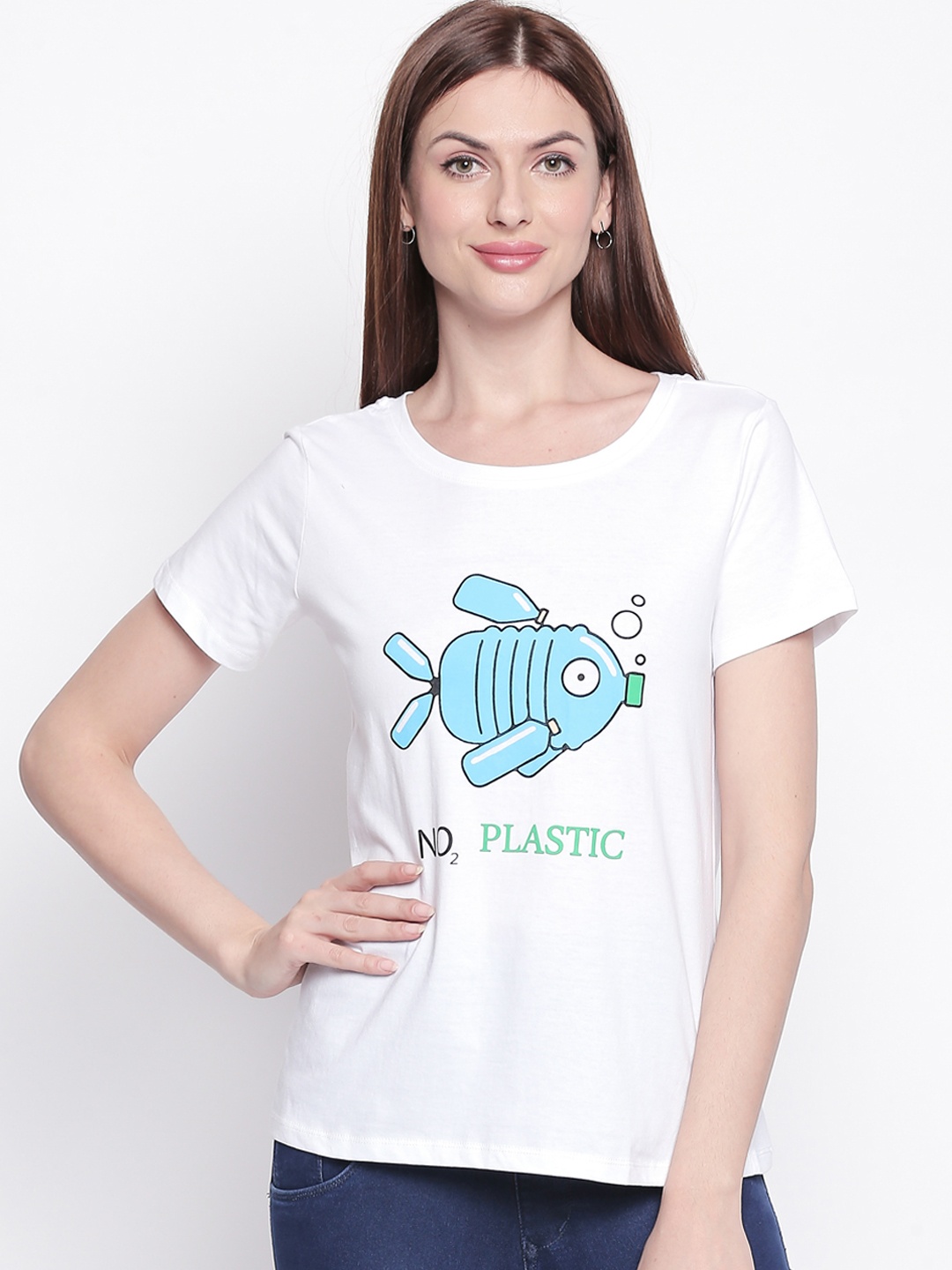 

Honey by Pantaloons Women White Blue Printed Round Neck Pure Cotton T-shirt