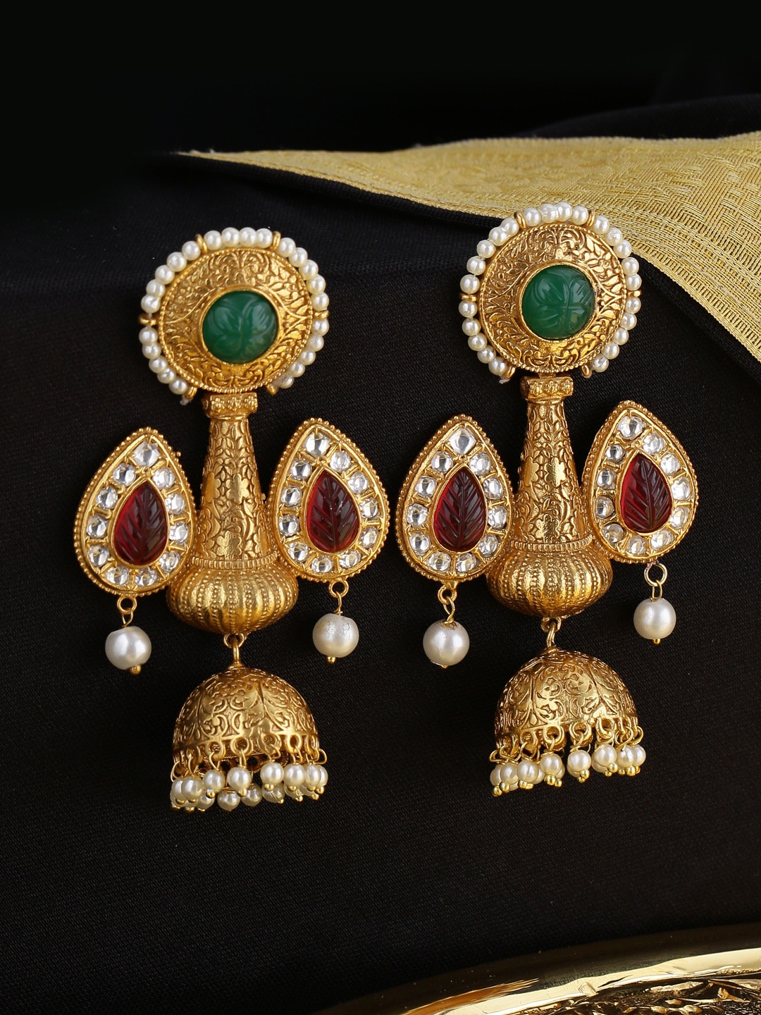 

Tistabene Green & Gold-Plated Dome Shaped Jhumkas