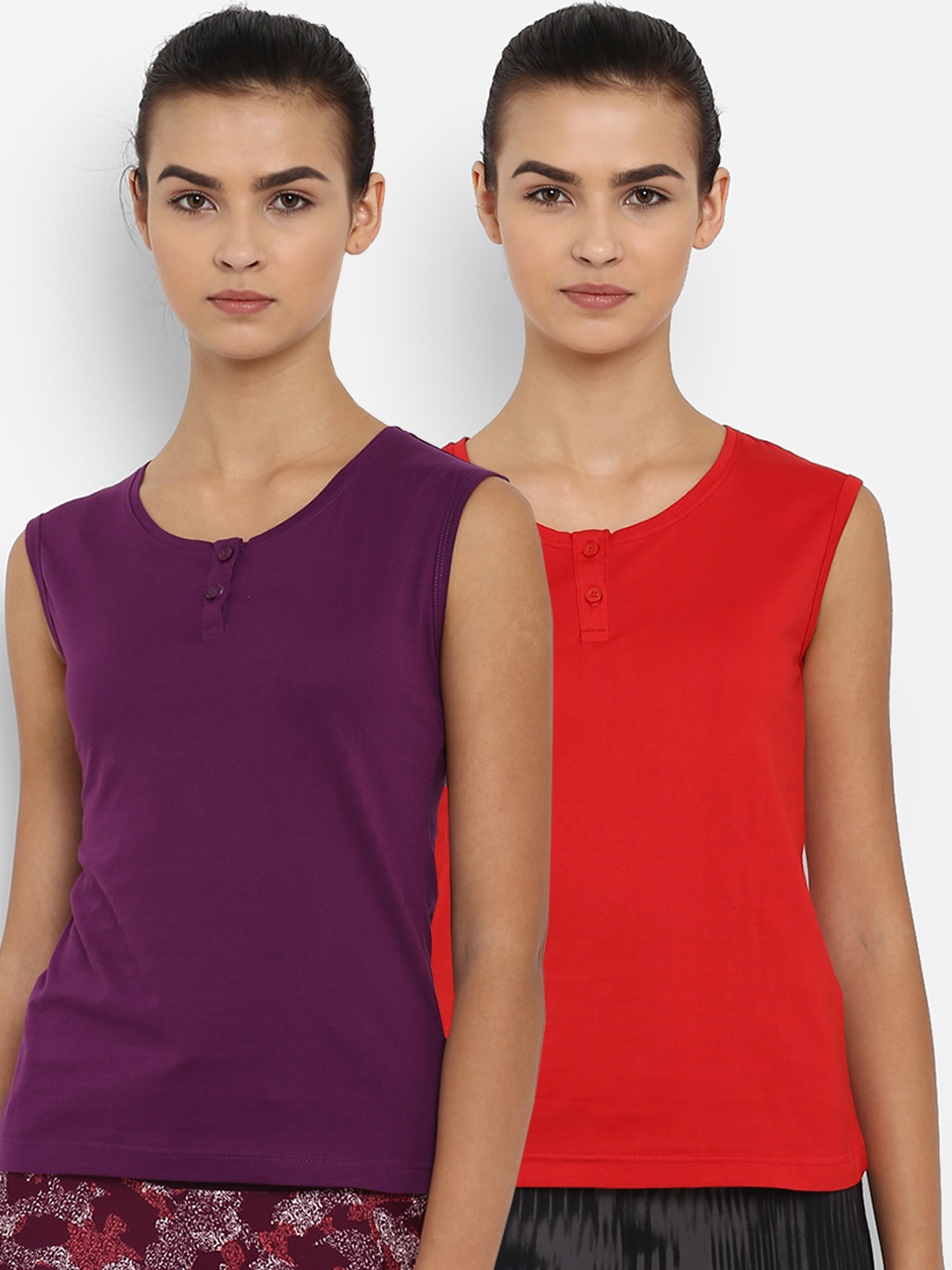 appulse Women Pack of 2 Solid Henley Neck Slim Fit T-shirts, Purple