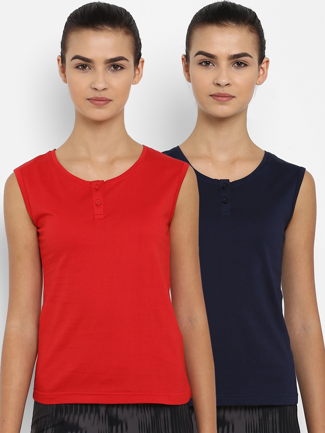 

appulse Women Pack of 2 Solid Henley Neck Slim Fit T-shirts, Red