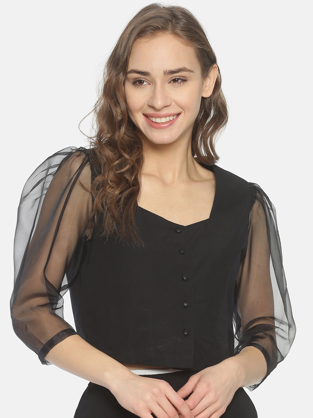 ISU Women Black Solid Crop Pure Cotton Top