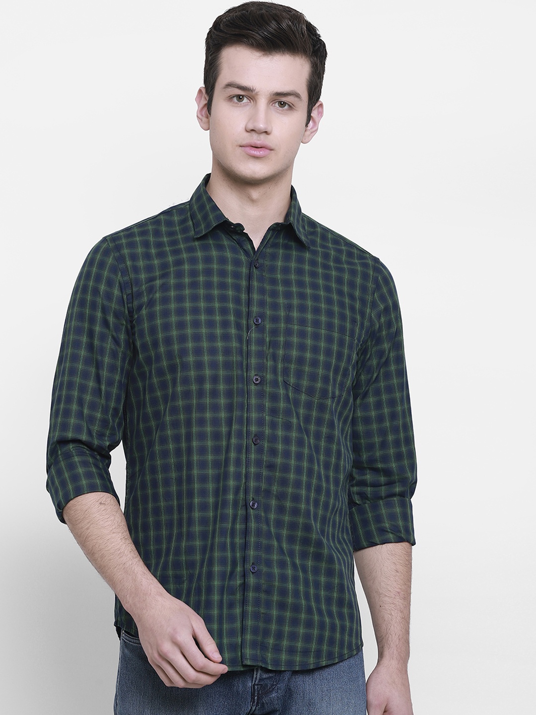 

cape canary Men Green & Navy Blue Regular Fit Checked Casual Shirt