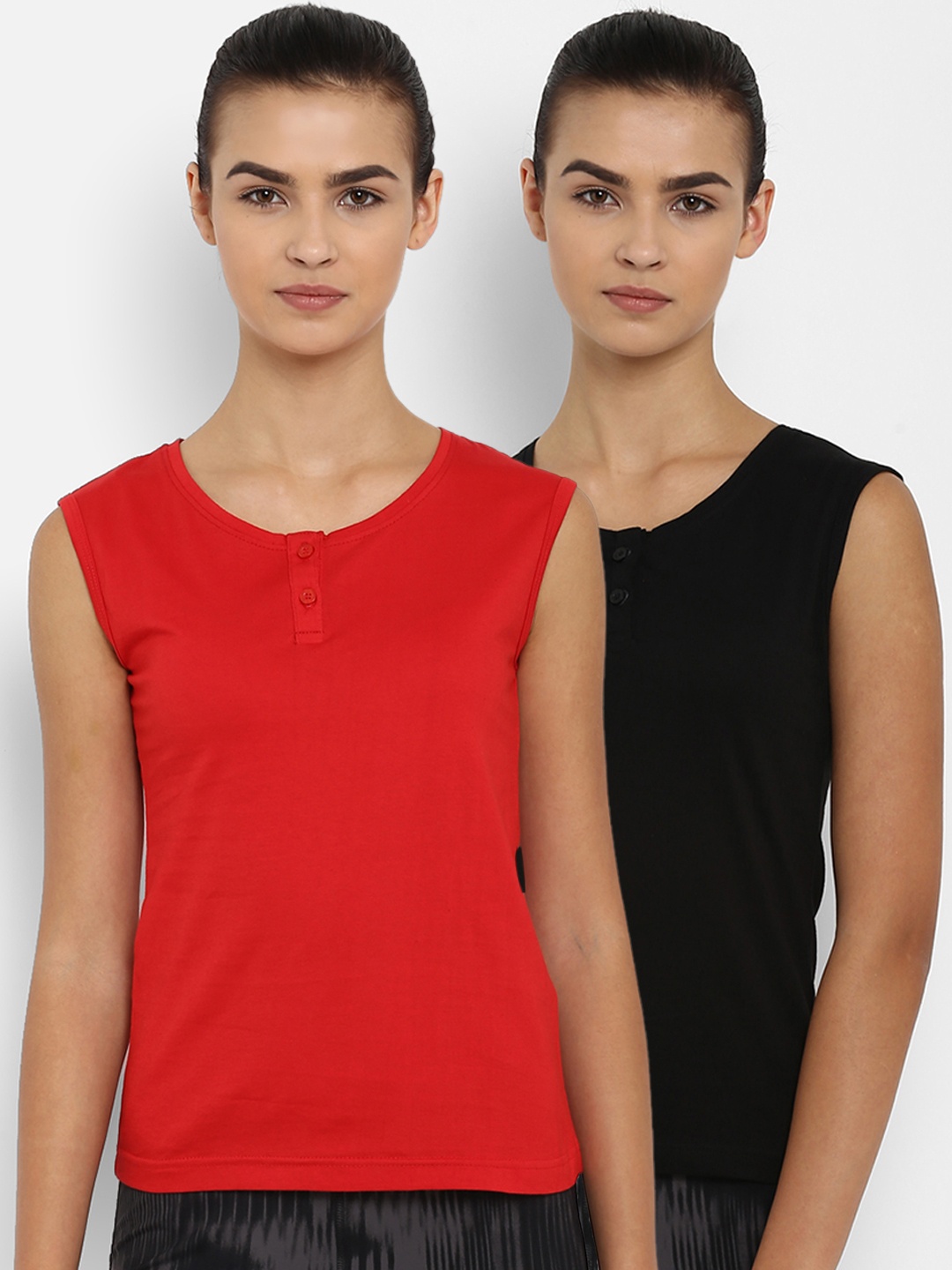 

appulse Women Pack Of 2 Solid Henley Neck T-shirt, Red