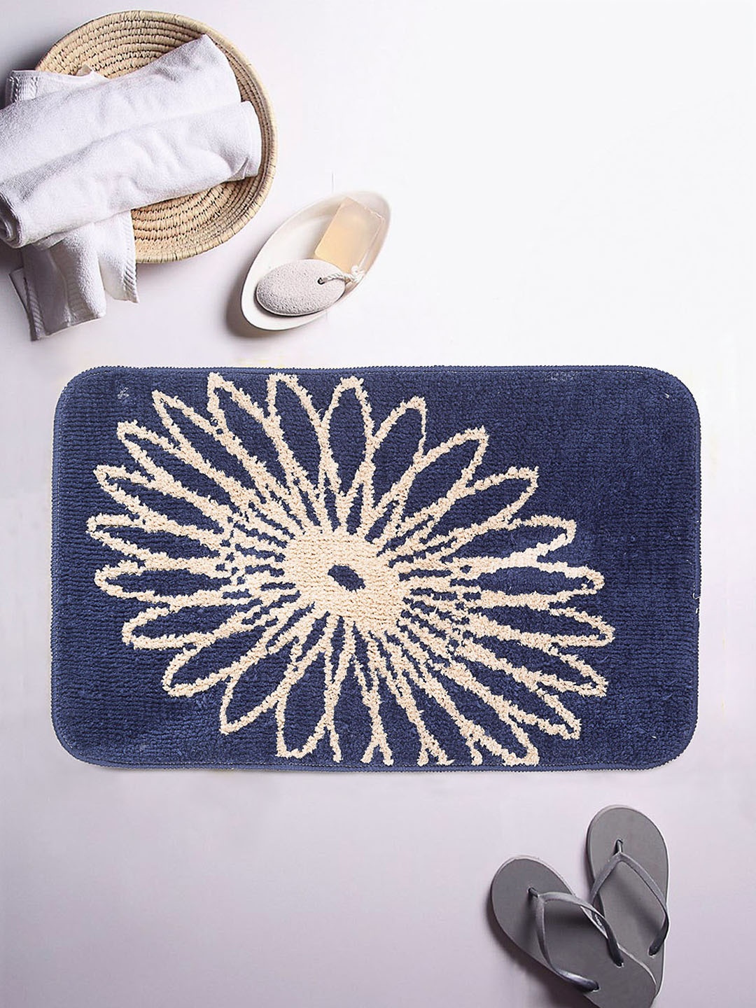 

ROMEE Blue & Beige Printed Rectangular Microfiber Bath Rug