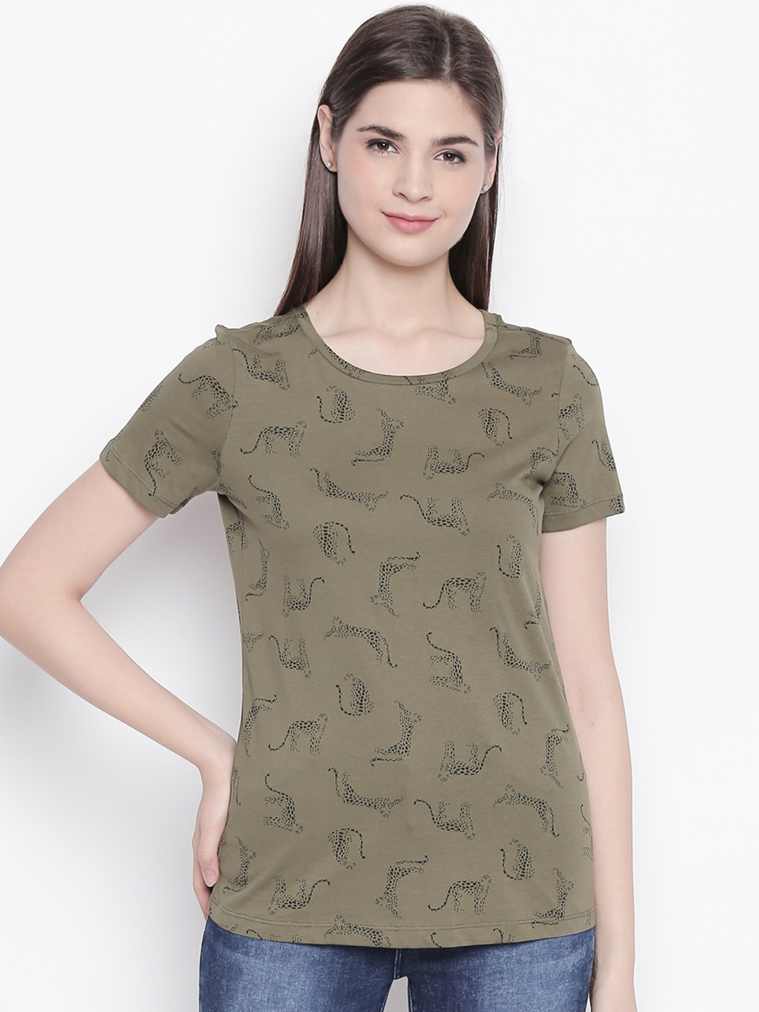

Honey by Pantaloons Women Olive Green Black Printed Round Neck Pure Cotton T-shirt