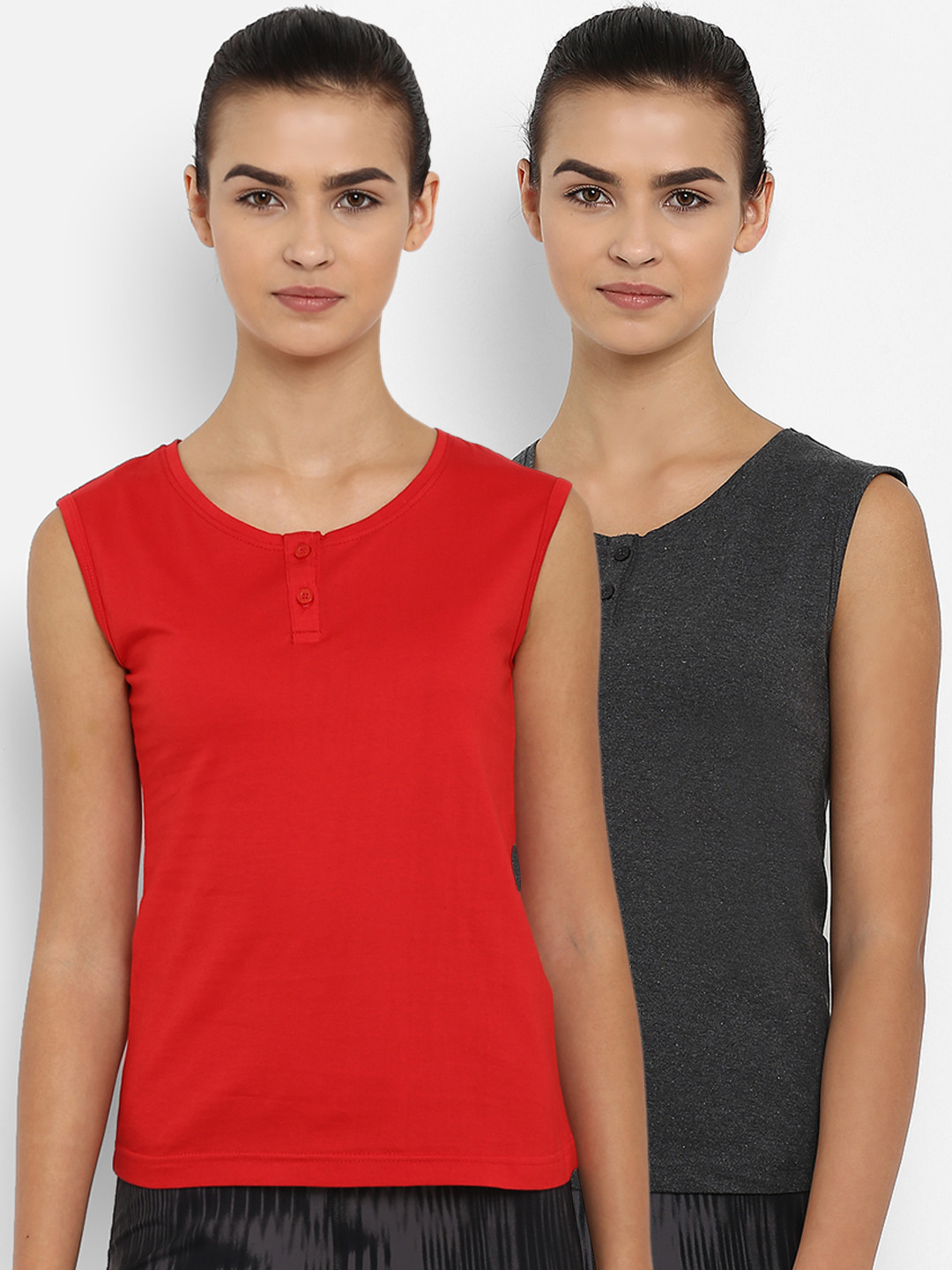 

appulse Women Pack of 2 Solid Henley Neck Slim Fit T-shirts, Red