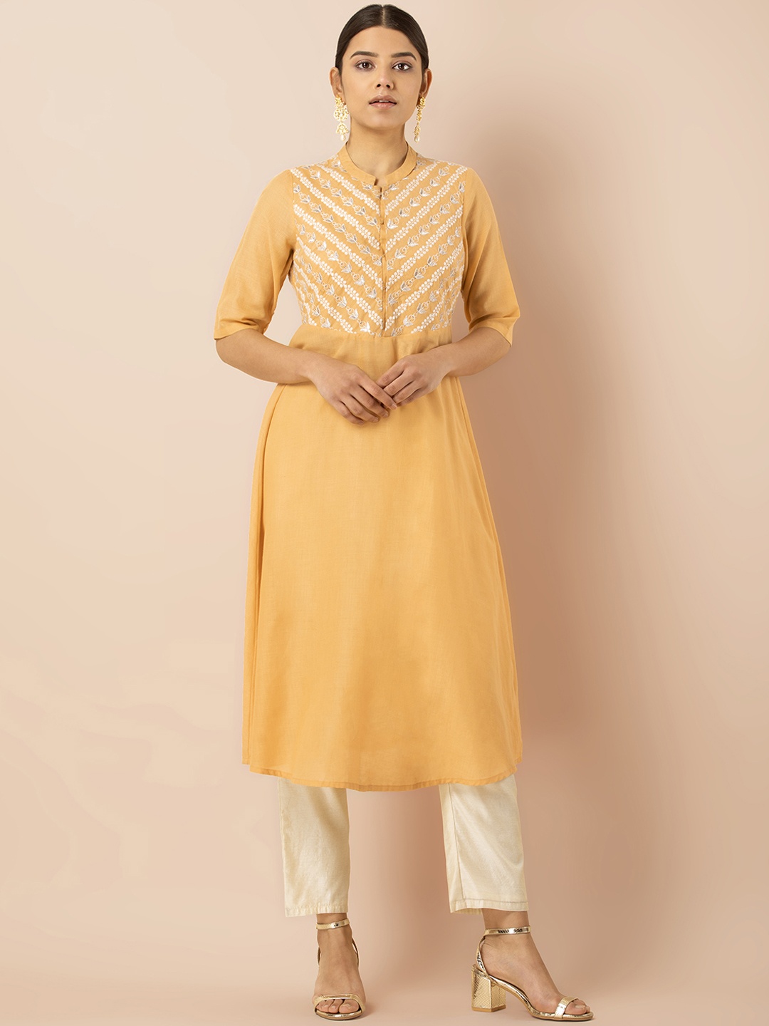 

INDYA Women Yellow Embroidered A-Line Kurta