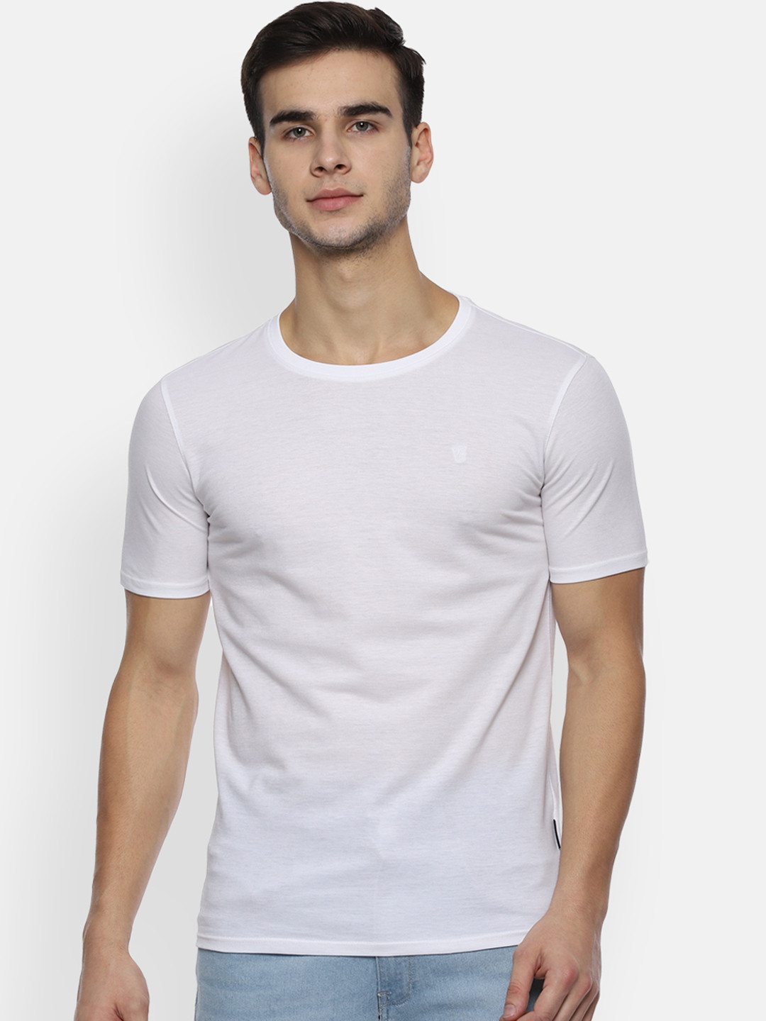 

V Dot Men White Solid Slim Fit Round Neck T-shirt
