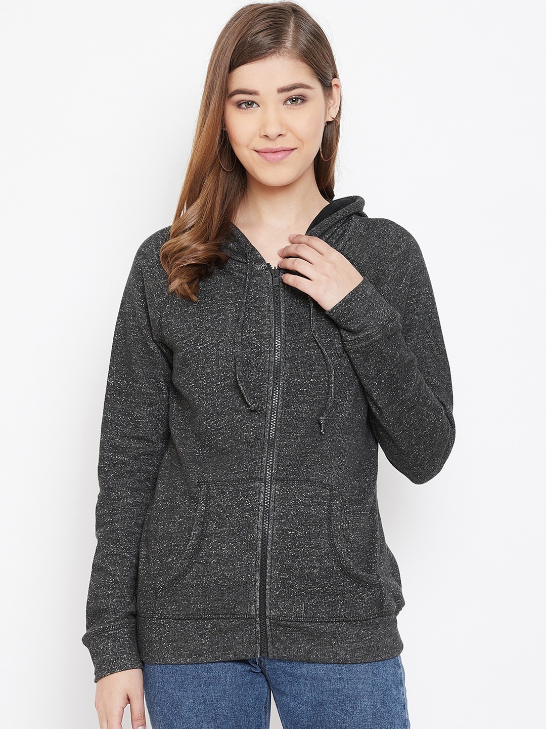 Rute Women Grey Solid Hooded Sweatshirt