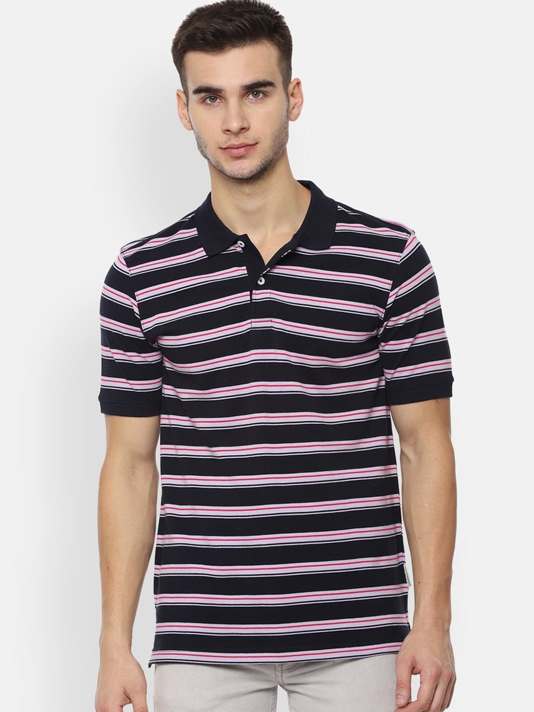 

Van Heusen Men Black Striped Polo Collar Pure Cotton T-shirt