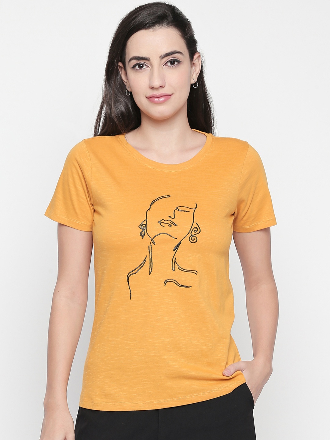 

Honey by Pantaloons Women Yellow Black Printed Round Neck Pure Cotton T-shirt