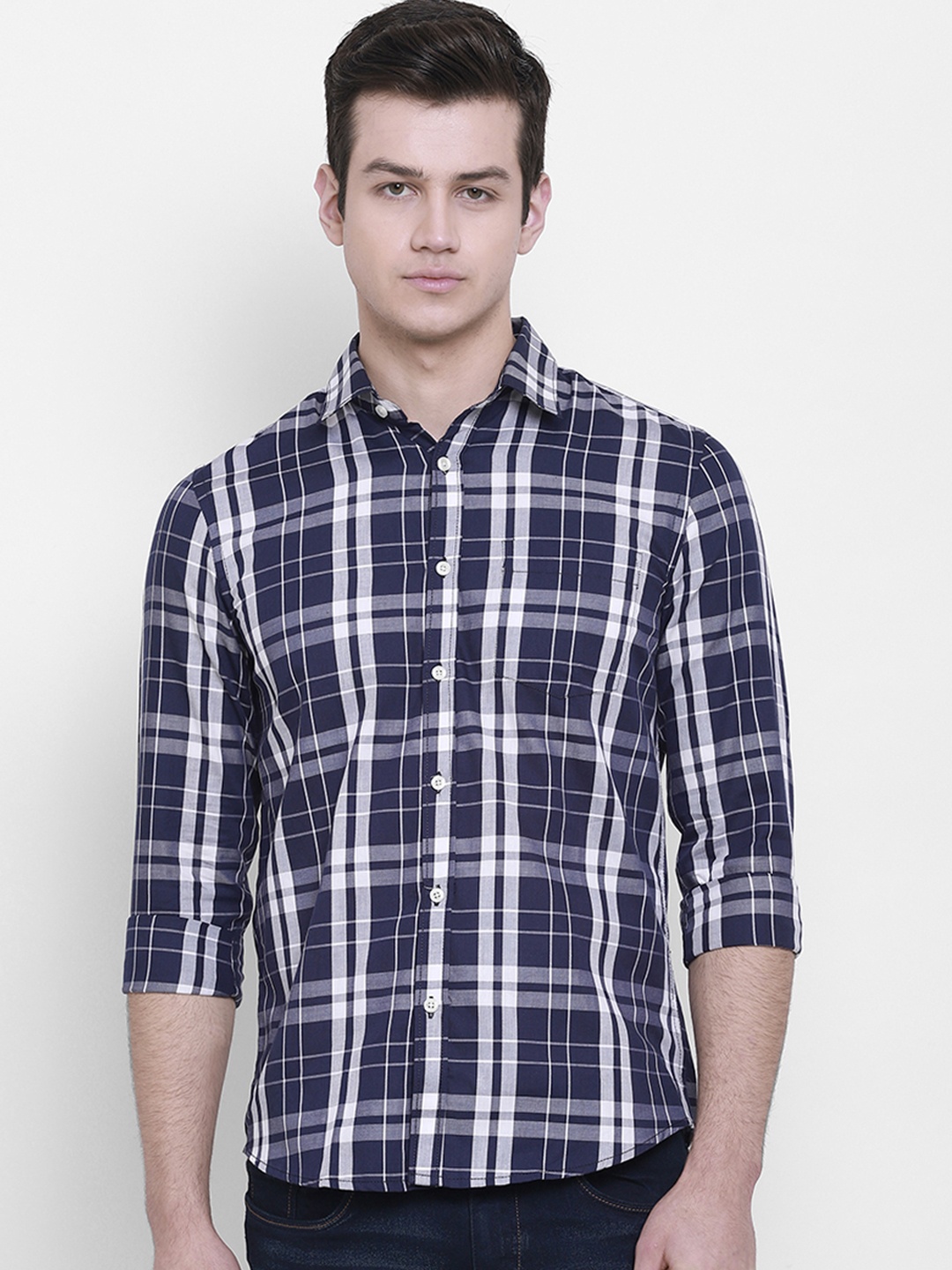 

cape canary Men Blue & White Regular Fit Checked Casual Shirt