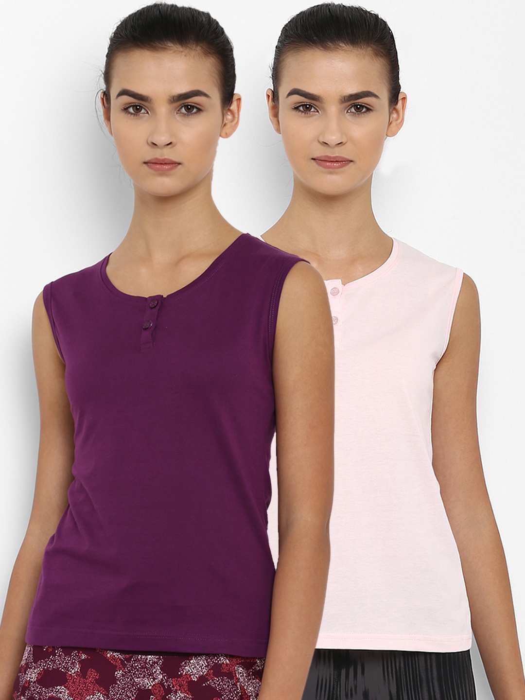 

appulse Women Pack of 2 Solid Henley Neck Slim Fit T-shirts, Purple