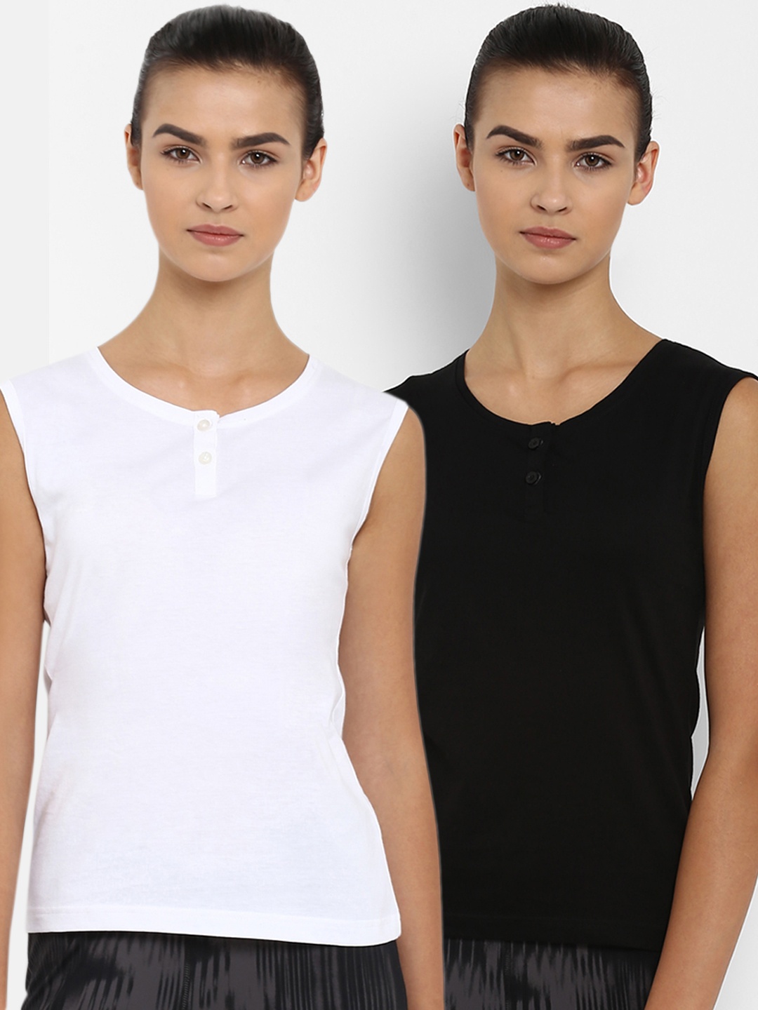 

appulse Women Pack Of 2 Solid Henley Neck T-shirt, White