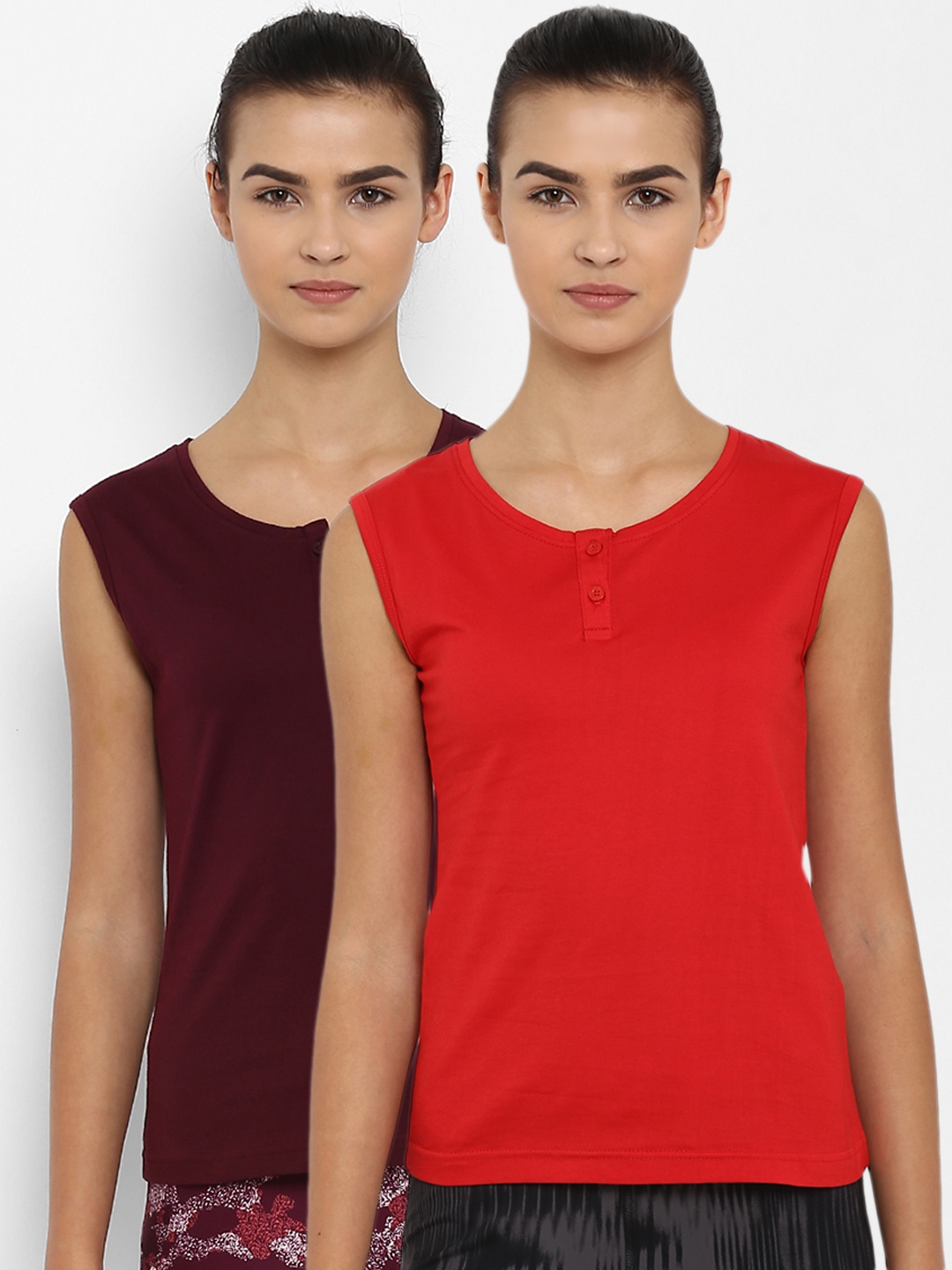 

appulse Women Pack of 2 Solid Henley Neck Slim Fit T-shirts, Red