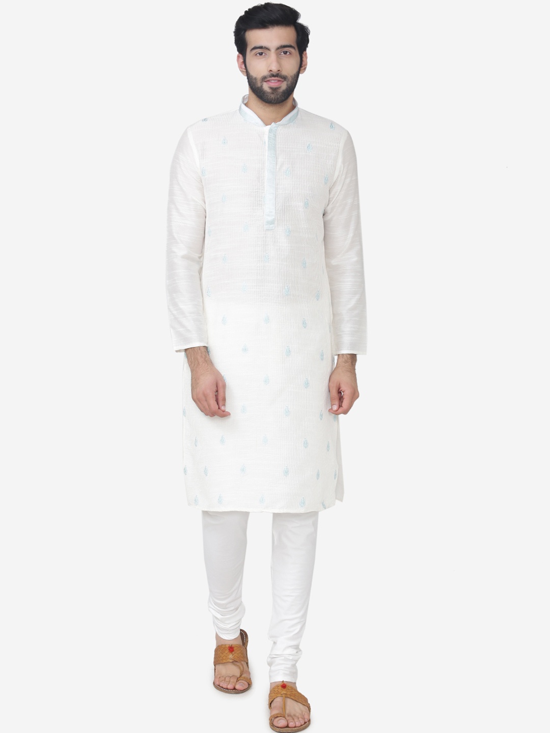 

Manyavar Men White & Blue Embroidered Kurta with Churidar