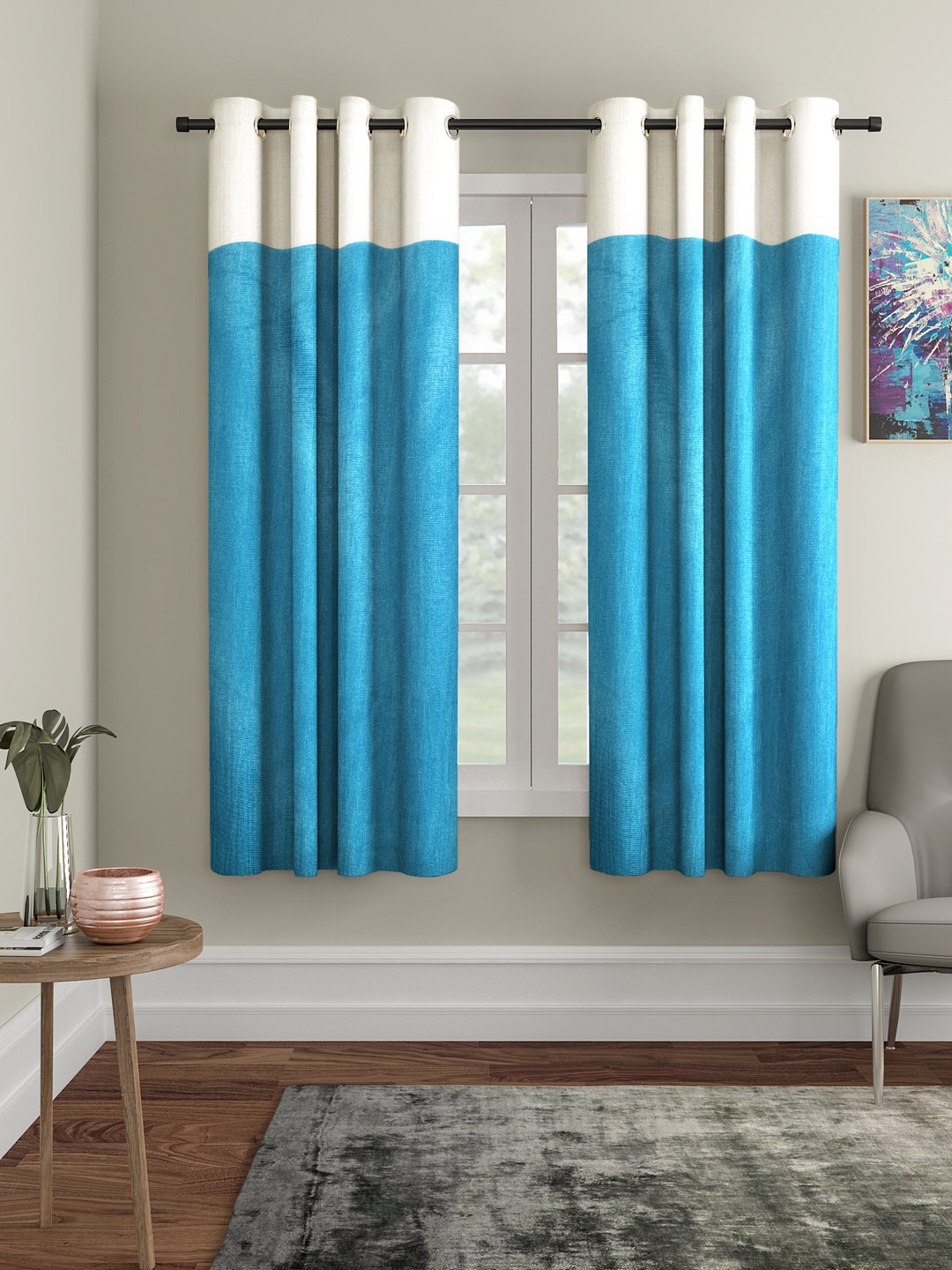 

Home Sizzler Turquoise Blue & Off-White Set of 2 Window Curtains