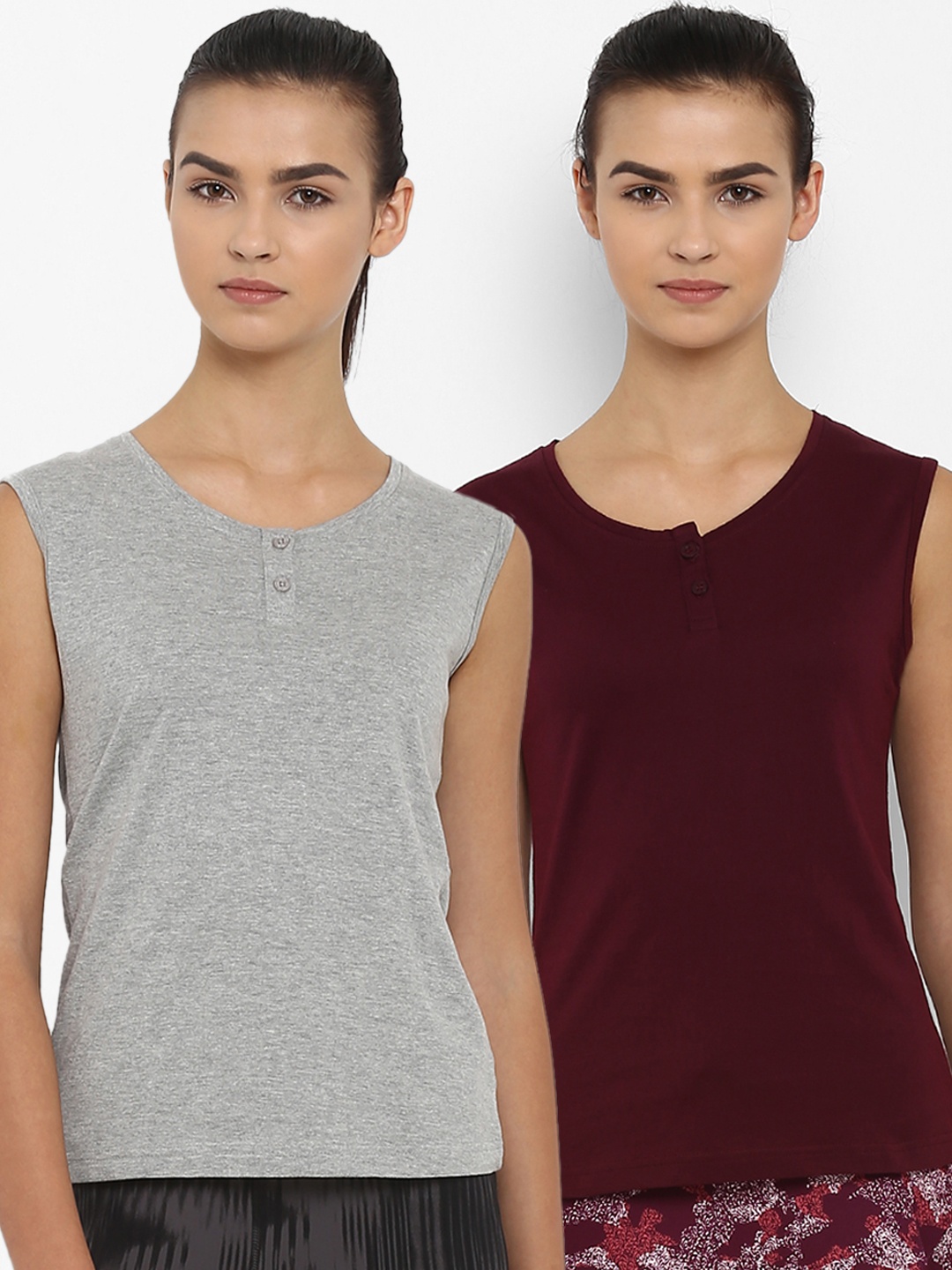 

appulse Women Pack Of 2 Solid Henley Neck T-shirt, Grey melange