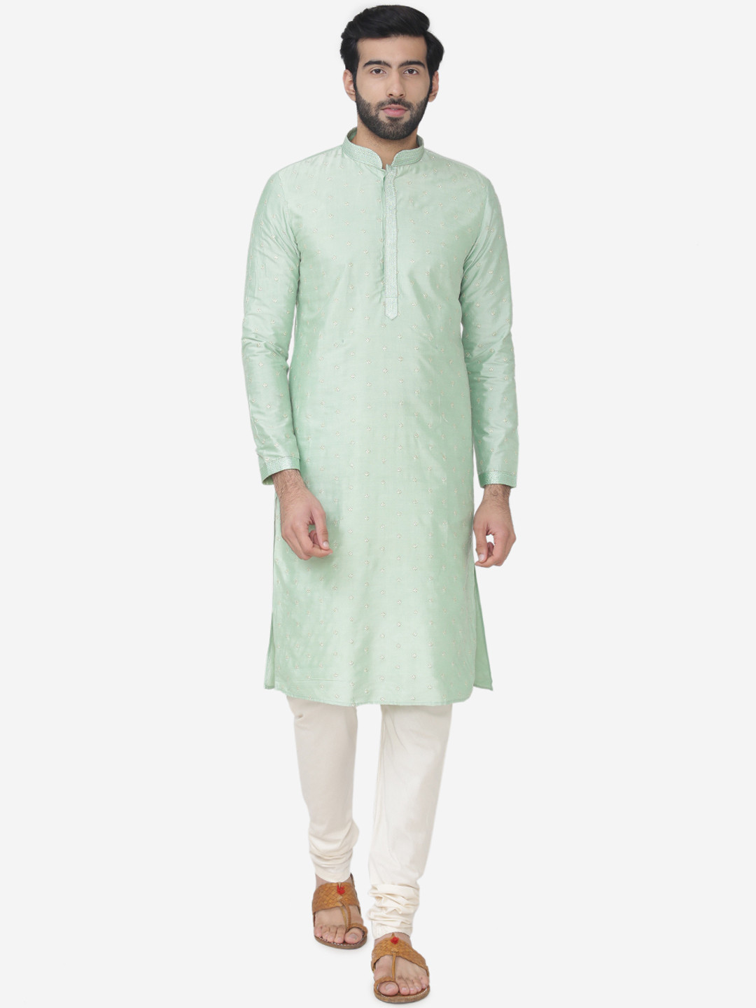 

Manyavar Men Green & White Embroidered Kurta with Churidar