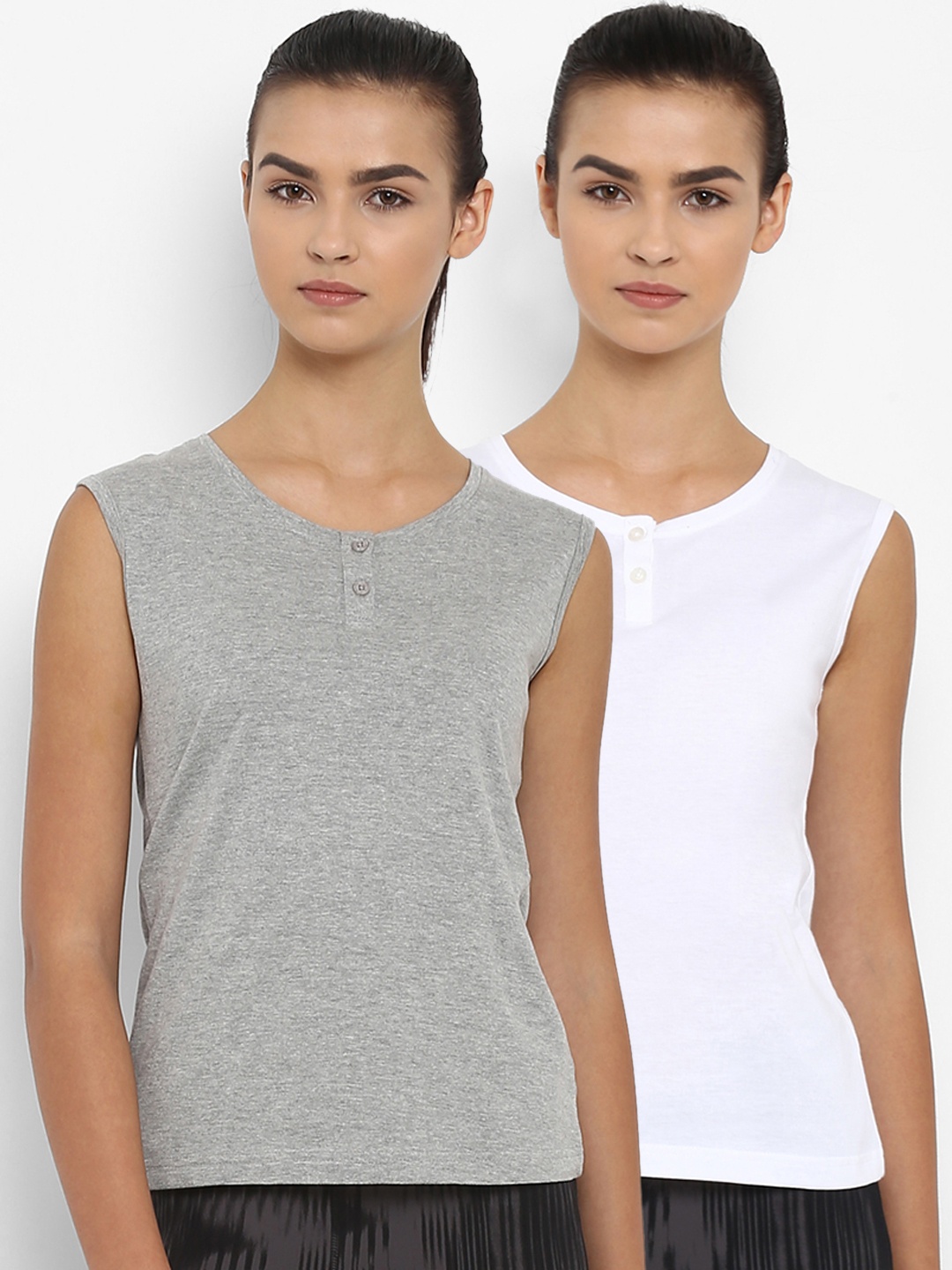 

appulse Women Pack Of 2 Solid Henley Neck T-shirt, Grey melange