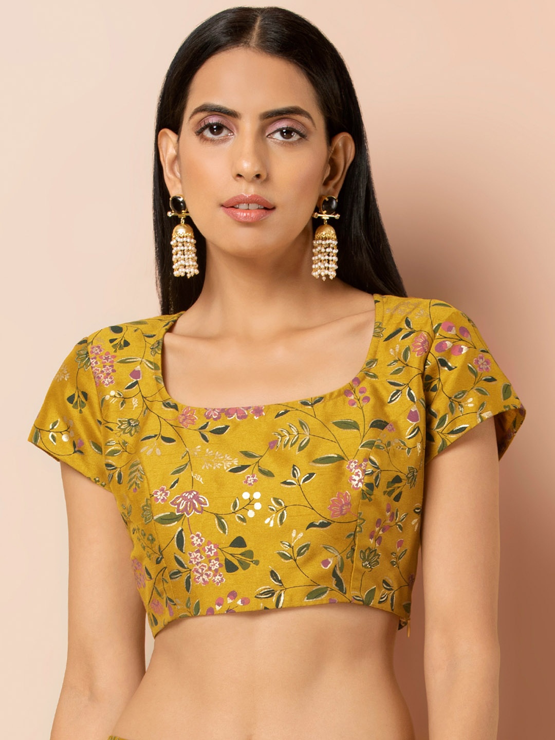 

INDYA Women Yellow & Green Foil Printed Ethnic Crop Top
