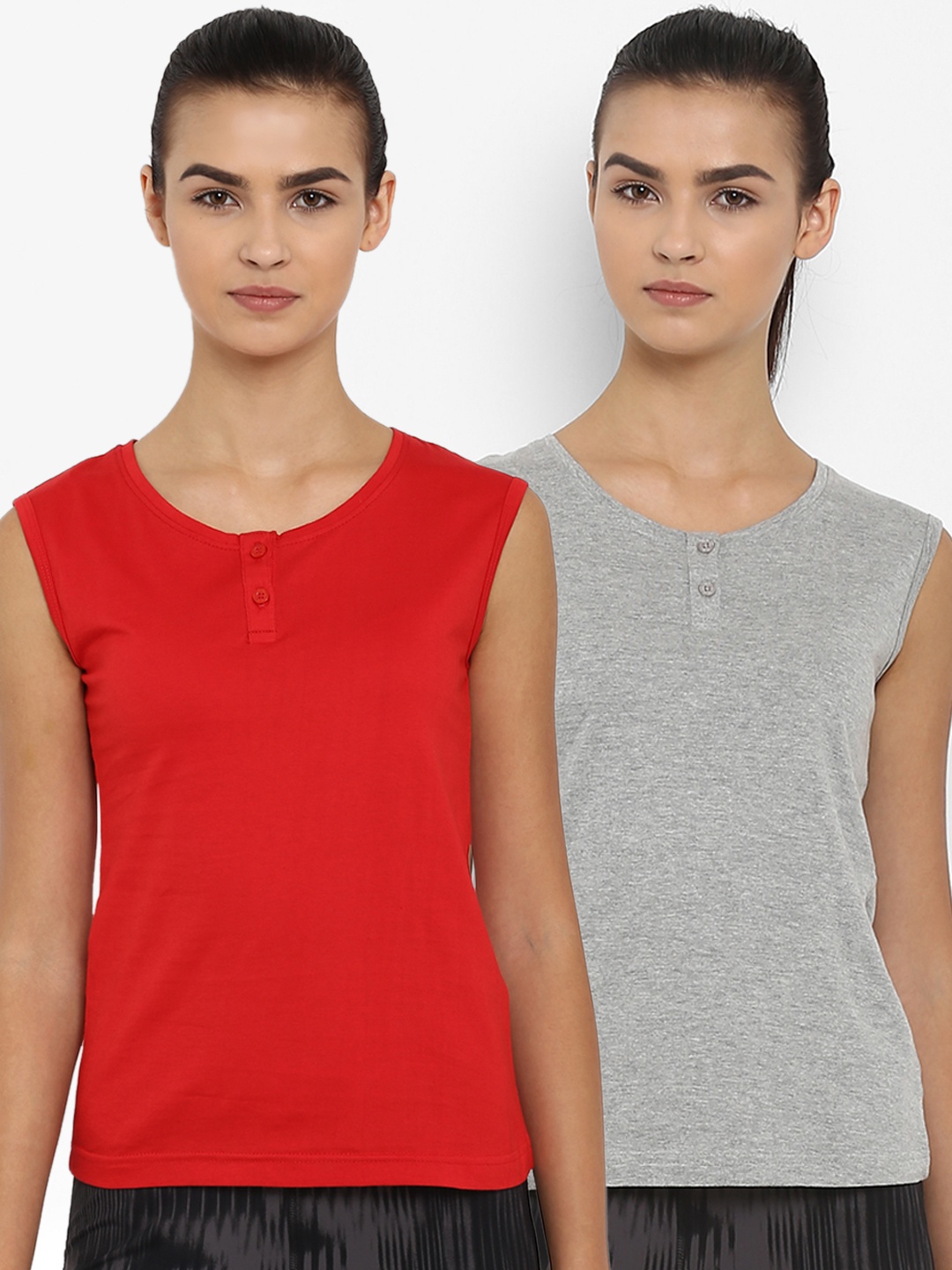 

appulse Women Pack Of 2 Solid Henley Neck T-shirt, Grey melange