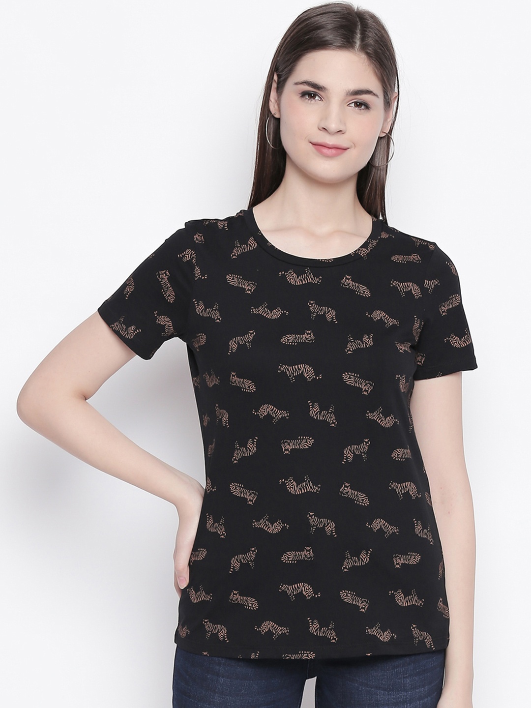 

Honey by Pantaloons Women Black Brown Printed Round Neck Pure Cotton T-shirt