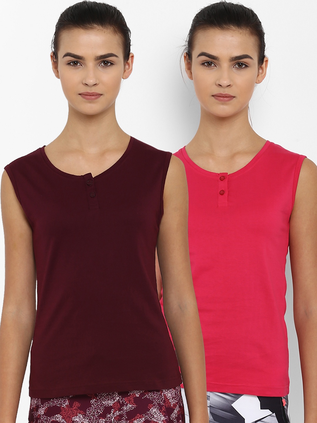 

appulse Women Pack of 2 Solid Henley Neck Slim Fit T-shirts, Maroon