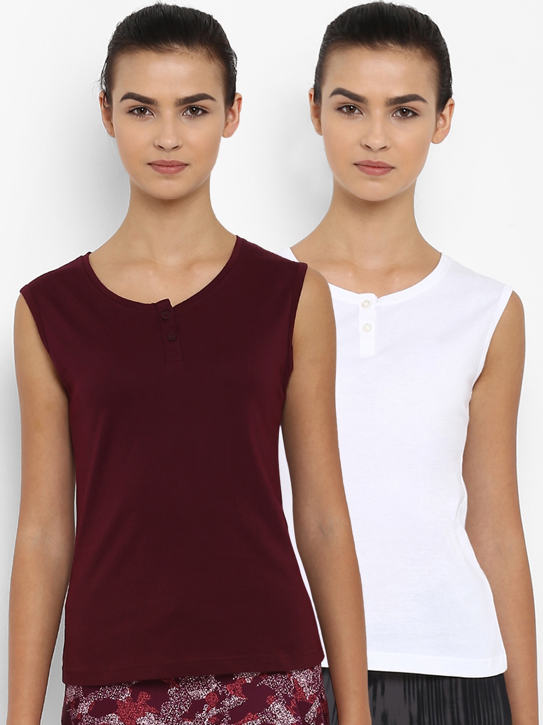 

appulse Women Pack Of 2 Solid Henley Neck T-shirt, White