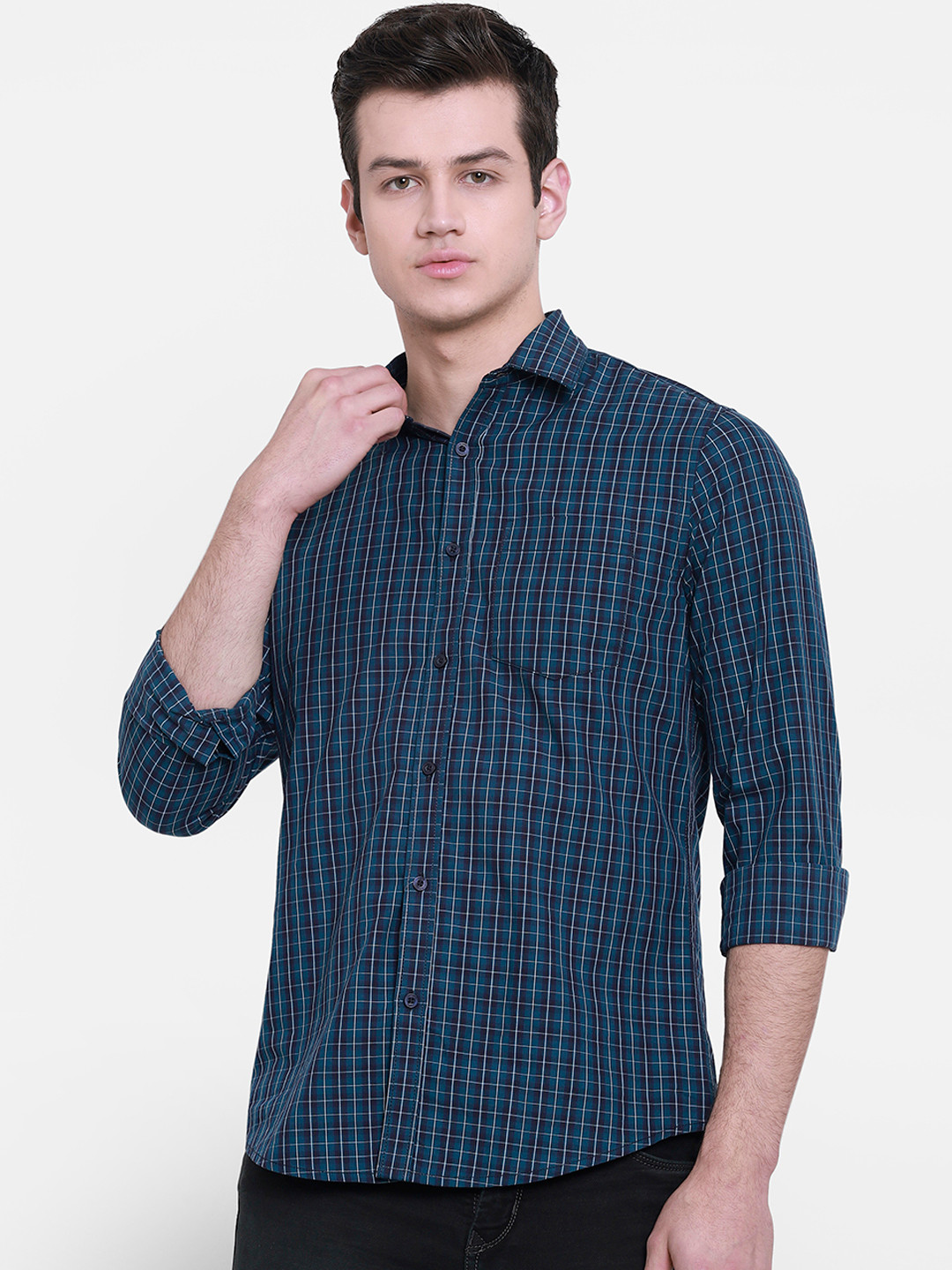 

cape canary Men Blue & White Regular Fit Checked Casual Shirt