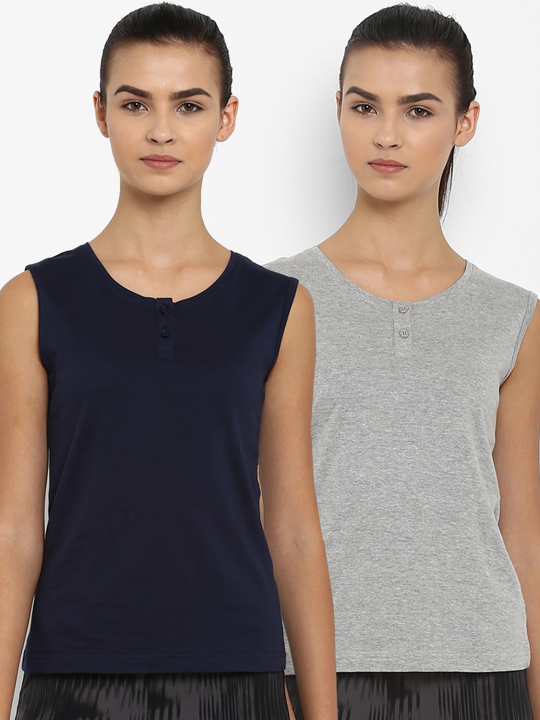 

appulse Women Pack Of 2 Solid Henley Neck T-shirt, Grey melange