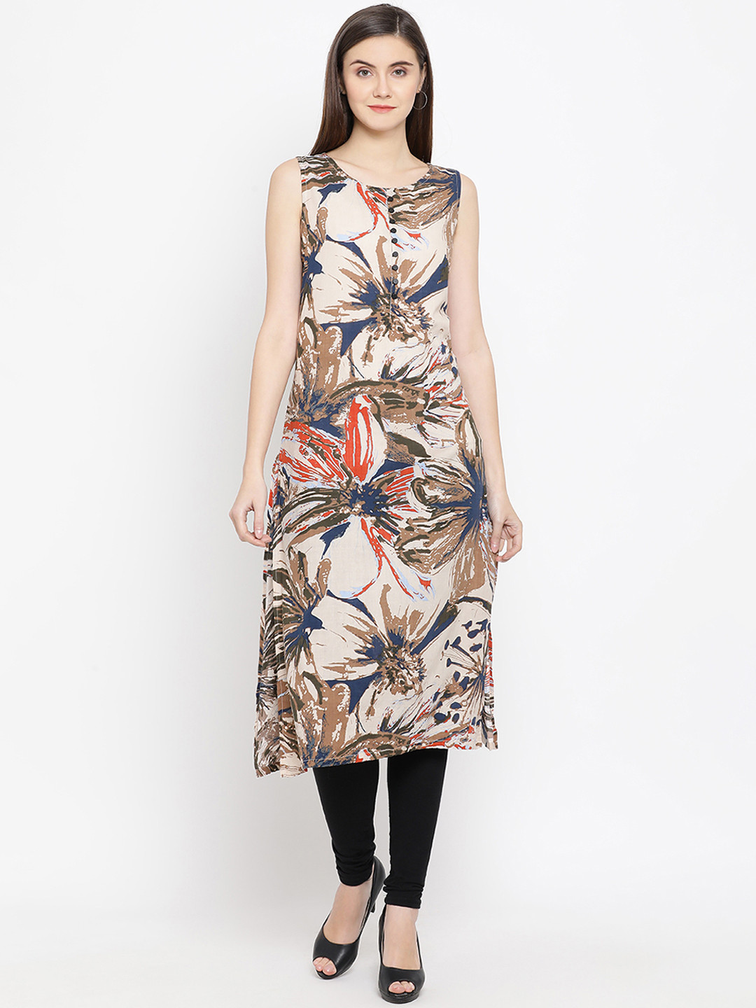 

Crimsoune Club Women Beige & Blue Printed Straight Kurta