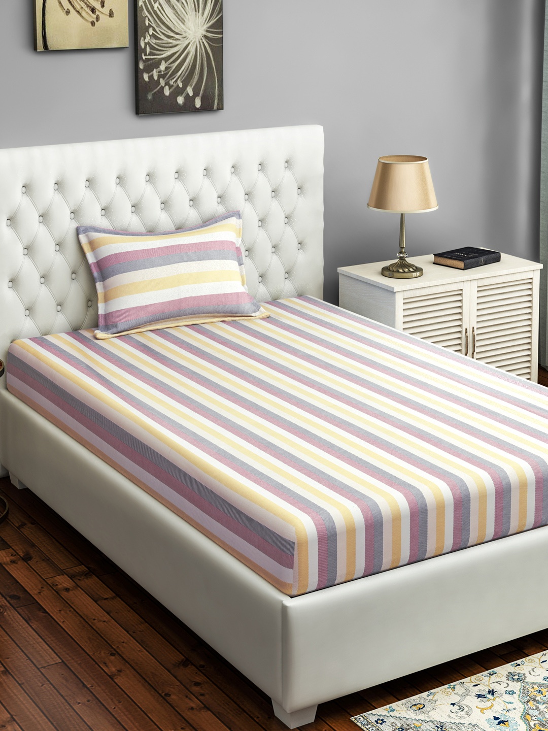 

SWAYAM Multicoloured Striped 180 TC Cotton 1 Single Bedsheet with 1 Pillow Covers, Multi