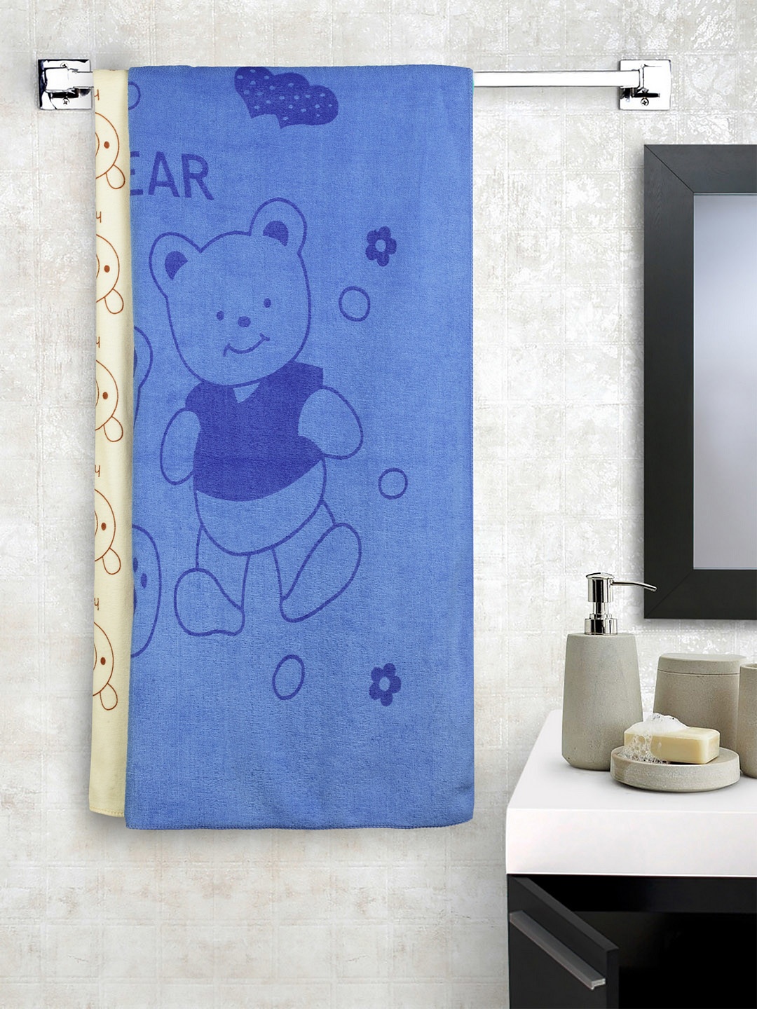 

Cortina Unisex Set Of 2 Bear Printed 300 GSM Bath Towels, Blue
