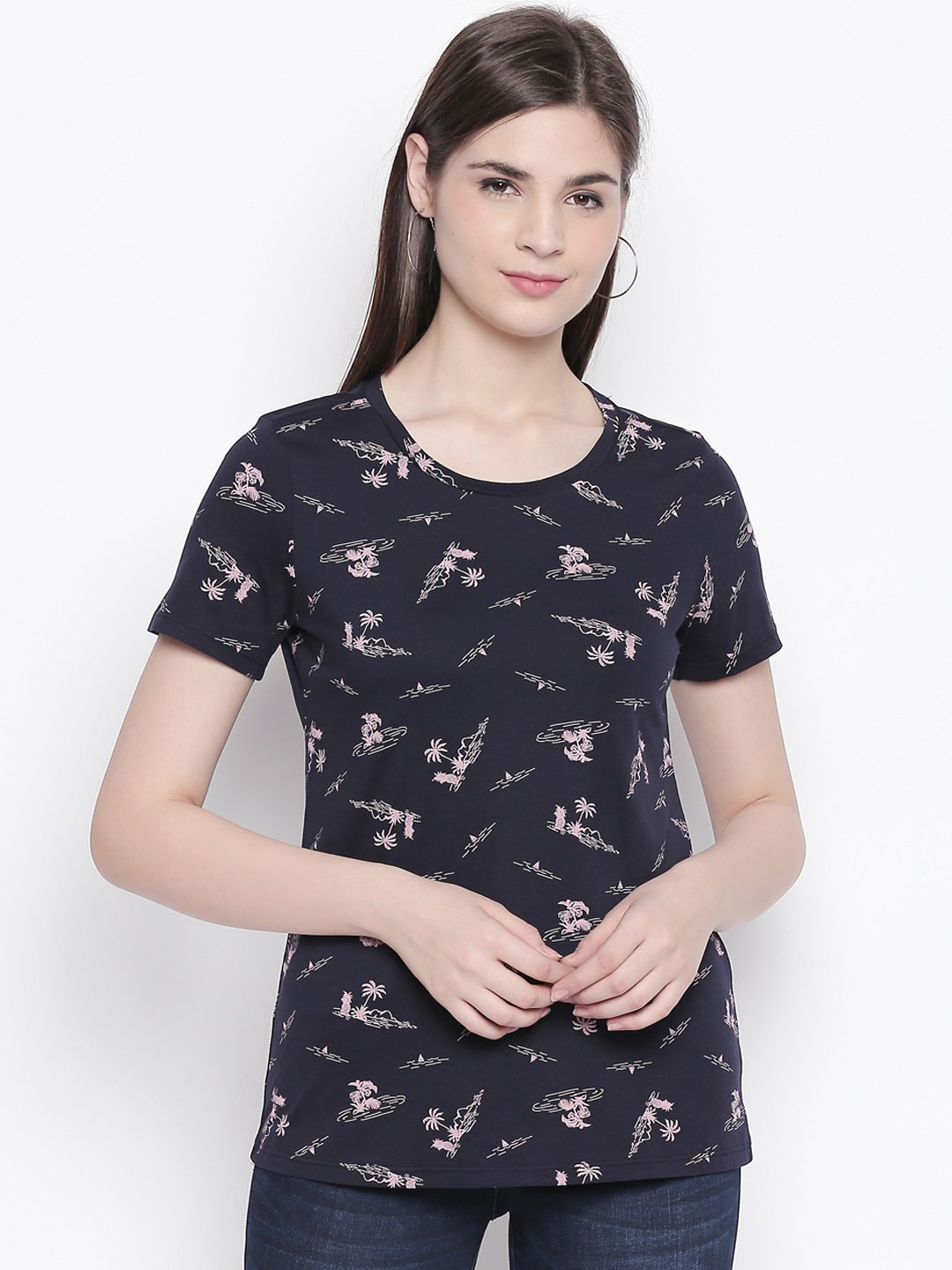 

Honey by Pantaloons Women Navy Blue Pink Printed Round Neck Pure Cotton T-shirt