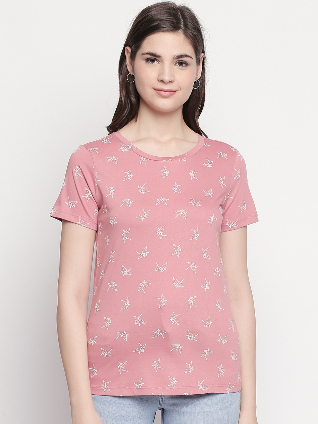 

Honey by Pantaloons Women Pink White Printed Round Neck Pure Cotton T-shirt