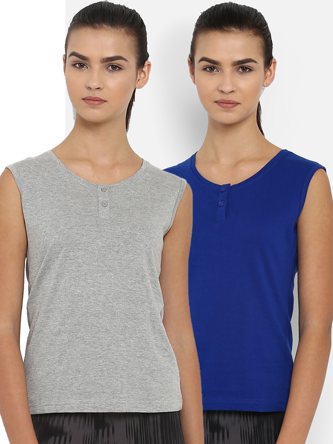 

appulse Women Pack Of 2 Solid Henley Neck T-shirt, Grey melange