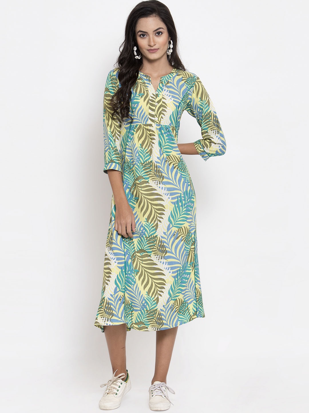 

Indibelle Women Blue & Green Printed Fit and Flare Dress